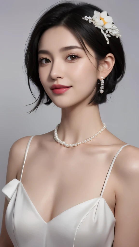 1 woman,alone,black hair,Short hair,bijouterie,realistic,earring,headdress,black eye,mouth술,clavicle,flower,watermark,upper body,portrait,dress,toe_mouth,With pearl earring,laugh, daffodil