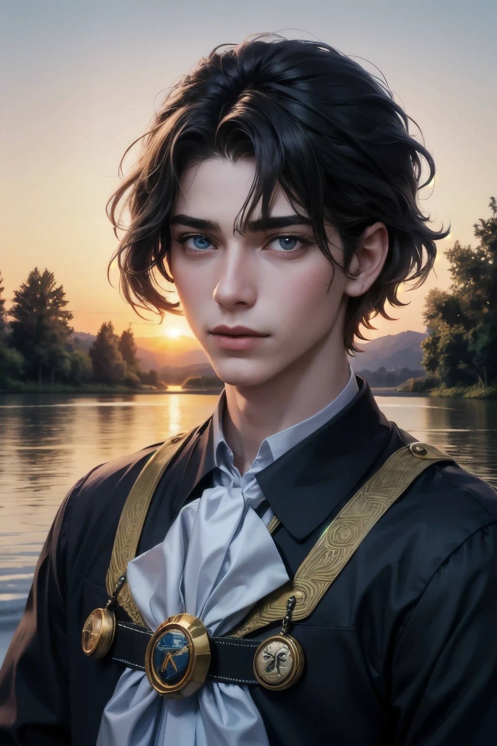 20 year old man in Ukrainian costume Corolla wreath wearing wreath on head Blue eyes River and blue sky in background Afternoon light sunset realistic illustration