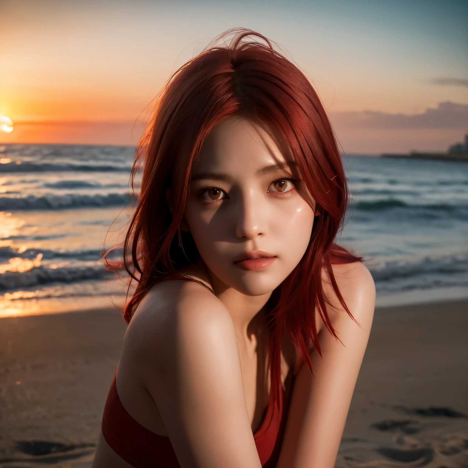 beach,seaside,Sunset,red hair,red eyes,serious,8K resolution,Sister cut