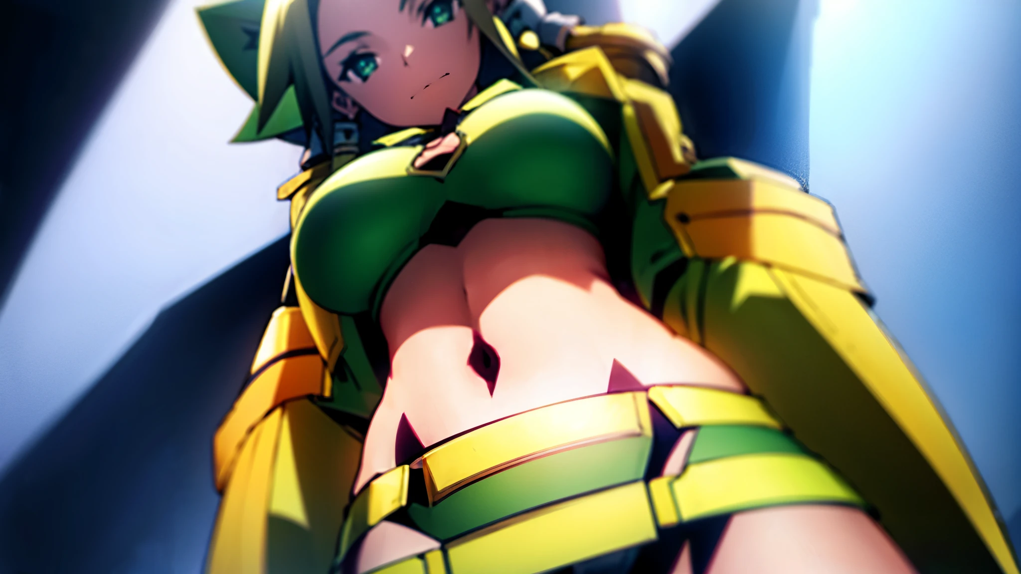 female, curvy, tall, belly button, big breasts, shot from below
