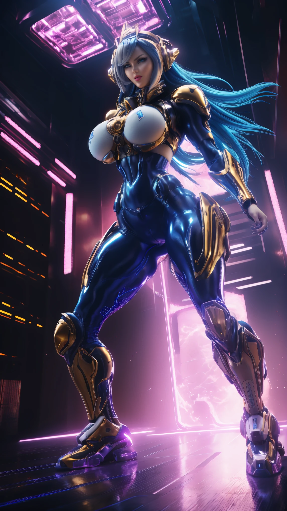 (hyper-realistic), ai girl grnerator (long blue hair, gold phoenix), (super big breasts), ((solid display)), (magenta shiny futuristic mecha cyber crop top, black mecha skintight leggings,potrait) , (muscles body, wet sweaty skin, long legs), (looking at the audience), (female focus), (futuristic space station hallroom), (bright light white_room), hyper texture, (4x msaa), ((unreal engine 5 render )), physically based rendering, ultra high definition, 16k, 1080p.