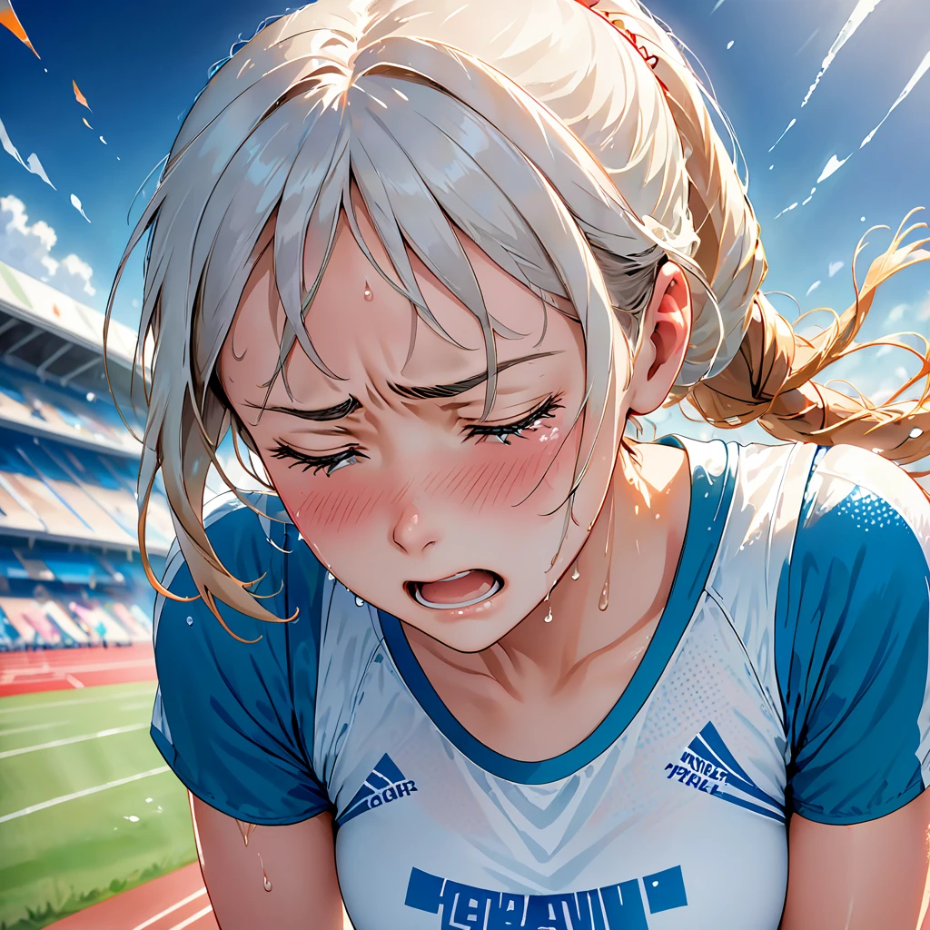 Create an illustration of a female track and field athlete crying after her defeat at a competition. The focus should be solely on her face, capturing the raw emotion of disappointment and tears streaming down her cheeks. Ensure the illustration conveys the intensity of the moment, with sweat glistening on her forehead and the strain evident in her expression. Utilize vibrant colors to emphasize the contrast between her flushed cheeks and the stark white of her running attire. The background could be blurred to highlight her isolation in this moment of defeat, conveying the loneliness of high-stakes competition.