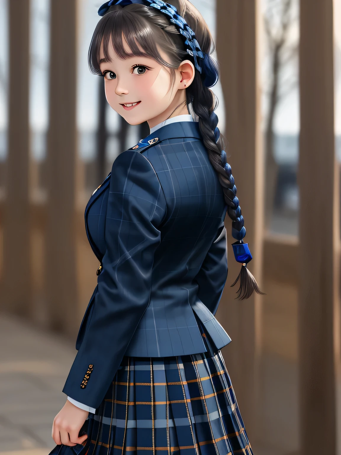 (18 year old japanese girl), Very beautiful portrait, realistic cute girl drawing, amazing digital paintings, elegant digital paintings, baroque digital painting, detailed beautiful portrait, ((brown eyes)), ((((ダークblue、blue、blueとネイビーのチェック柄ロングプリーツタータンチェックロングスカート)))),((((エンブレム付きダークblueblueblueスクールブレザー)))), (((twin braid hairstyle))), ((only looking at the viewer)), ((Transparent pure white skin)), ((very white skin)), ((small face)), ((Her curly bangs are so cute)), ((long eyelashes)), (((close your eyes and smile))), ((put your hand on your chest)), ((The corners of the eyes are drooping)), ((thin downward eyebrows)), white background, ((taken from behind))