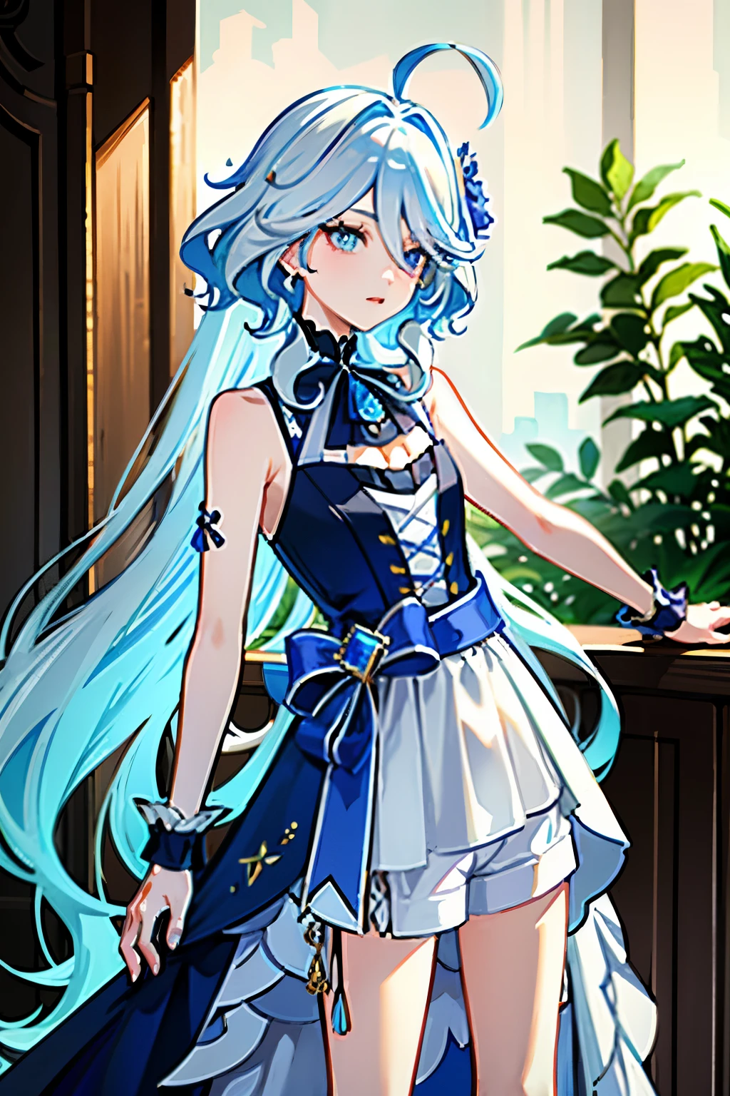 Furina, 1girl, high quality, best quality, masterpiece, (highly detailed:1.2), (extremely detailed:1.3), flat chest, bare shoulders, sleeveless, string ribbon, young girl, wedding dress