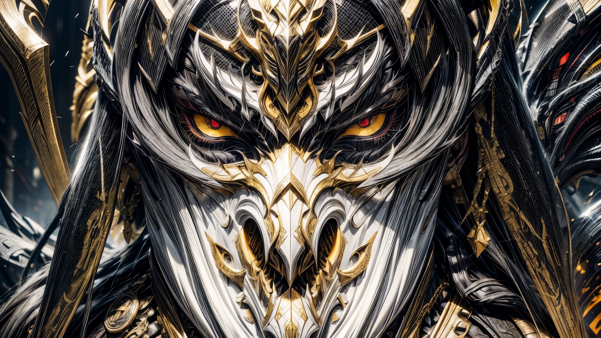  long haired demon male, golden horn, predator eyes, black face mask, metalic helmet, splash art, concept art, black and yellow eyes, dark grey skin, highres, best quality, high quality, 8k, super detail, UHD, masterpiece, ccurate, textured skin. black skin, high saturation