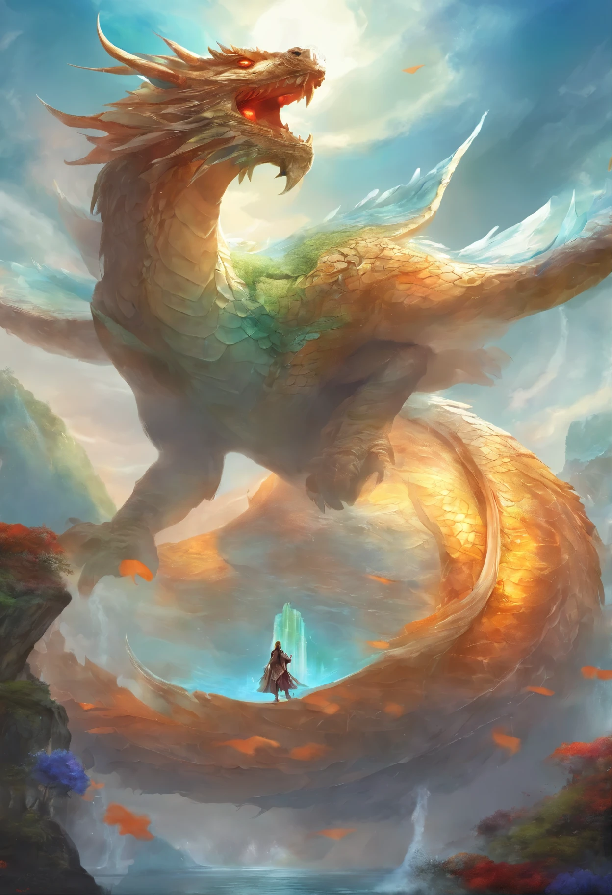 Zilonggan、The dragon&#39;s face is kind、huge and heavy turtle shell、leader of china、long tail of a snake、soaring waves、Chinese style、oc rendering、The background is a light blue flower field、The dragon has a crystal in his right hand、Ultra-fine、high quality、High resolution