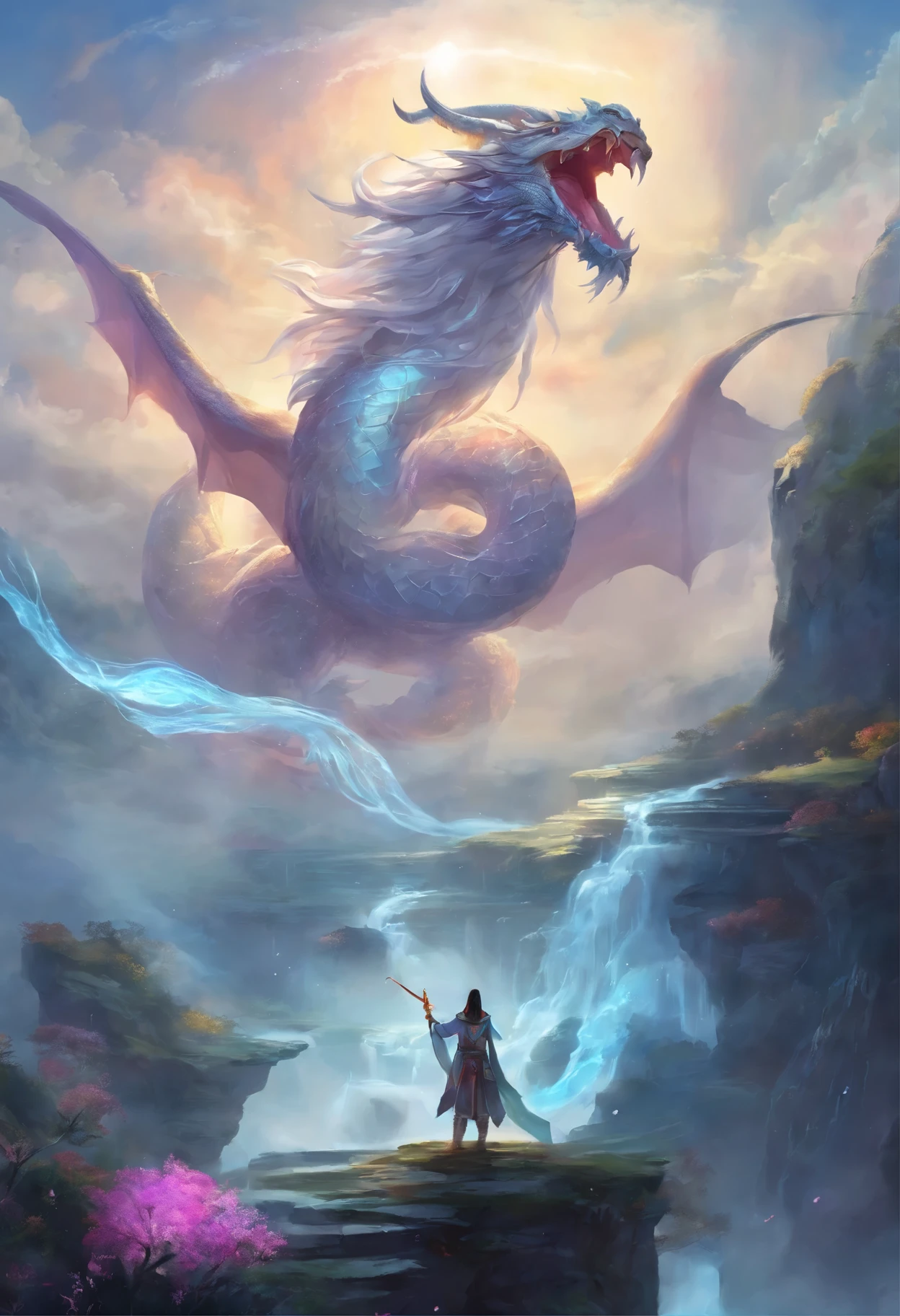 the beautiful hyper detailed scene render that a lonely single beautiful girl lies in the arms of a huge silver dragon alone in the fairyland surrounded by white clouds, in the style of makoto shinkai victo ngai and peter mohrbacher studio ghibli artgerm karol bak beeple, cinematic, beautiful dream, psychedelic, animation style