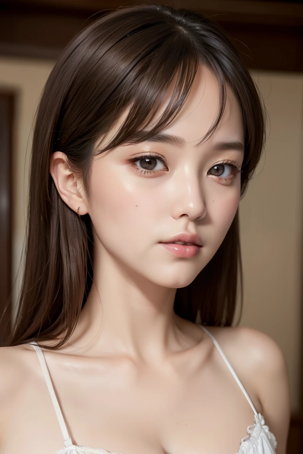 (highest quality, 8K, 32k, masterpiece, UHD,:1.2), japanese woman, camisole , super detailed face, fine eyes, highly detailed lips ,dark brown hair, slender body shape, Upper body, Natural light