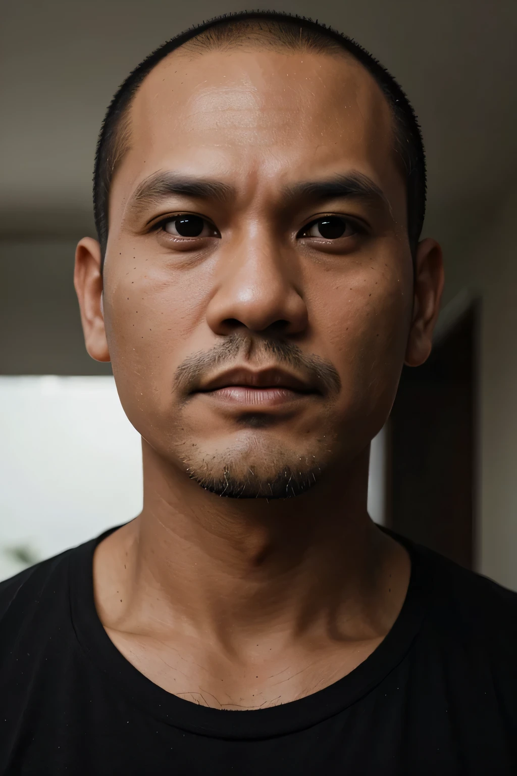 high quality, face portrait photo of 40 year old filipino man, wearing black shirt, serious face, detailed face, skin pores, shaved head, receding hairline, shorter hair, almost bald