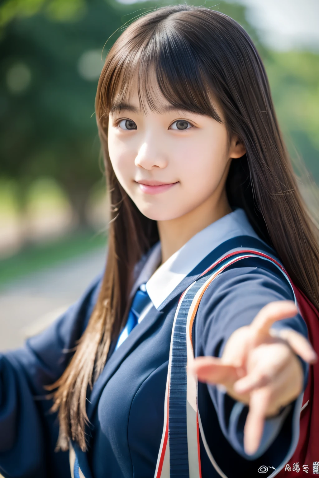 High school girl holding an automatic rifle、long hair、waving in the wind、real face、lens 50ｍｍ　f2.8　straight face　whole body