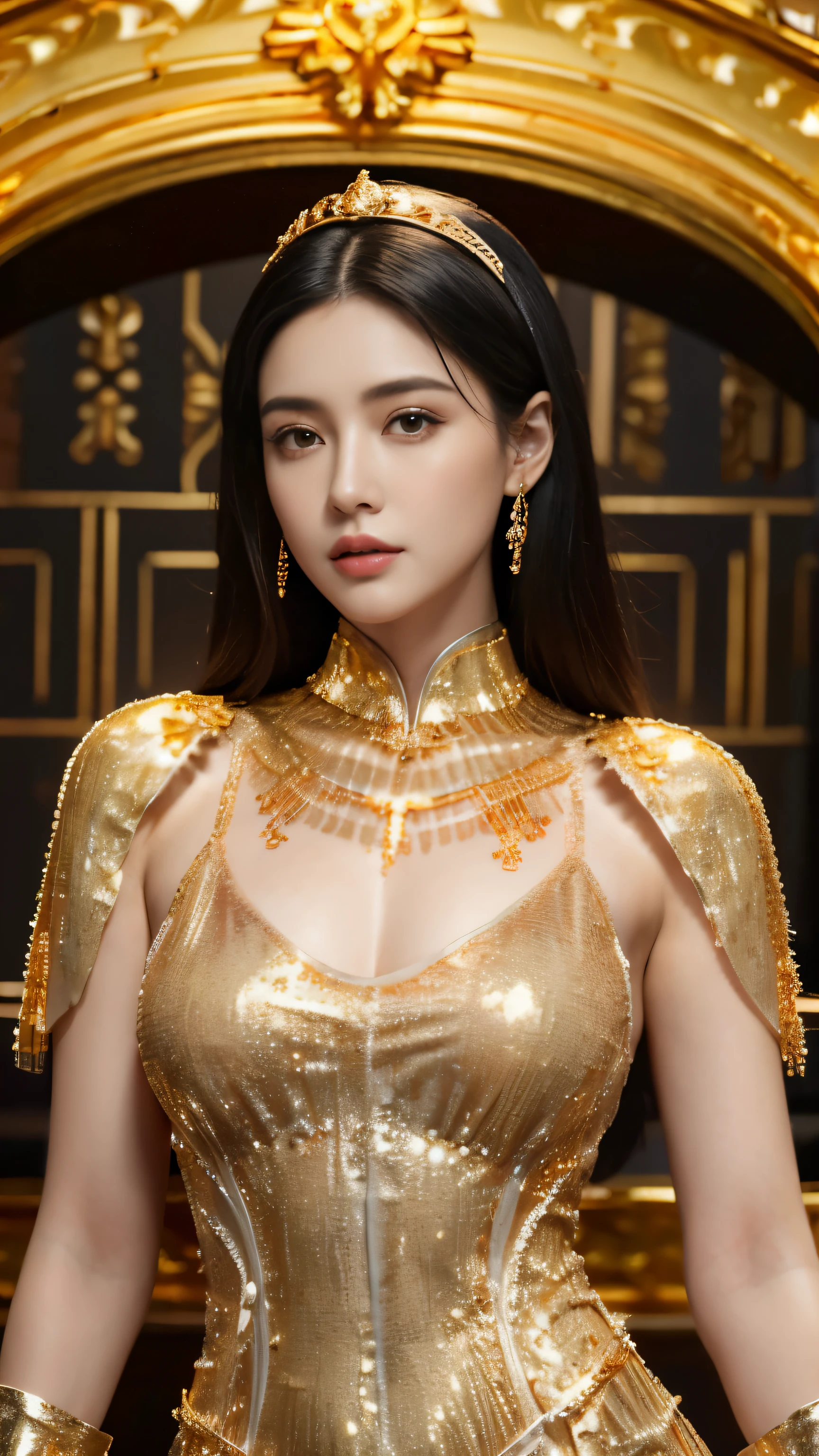 black hair, Surrealism, 8k, super detail, UHD, masterpiece, ccurate, anatomically correct, textured skin, super detail, high details, high quality, best quality, 8k,Beautiful woman,(golden dress:1.5),Glittering costumes,Princess,western castle