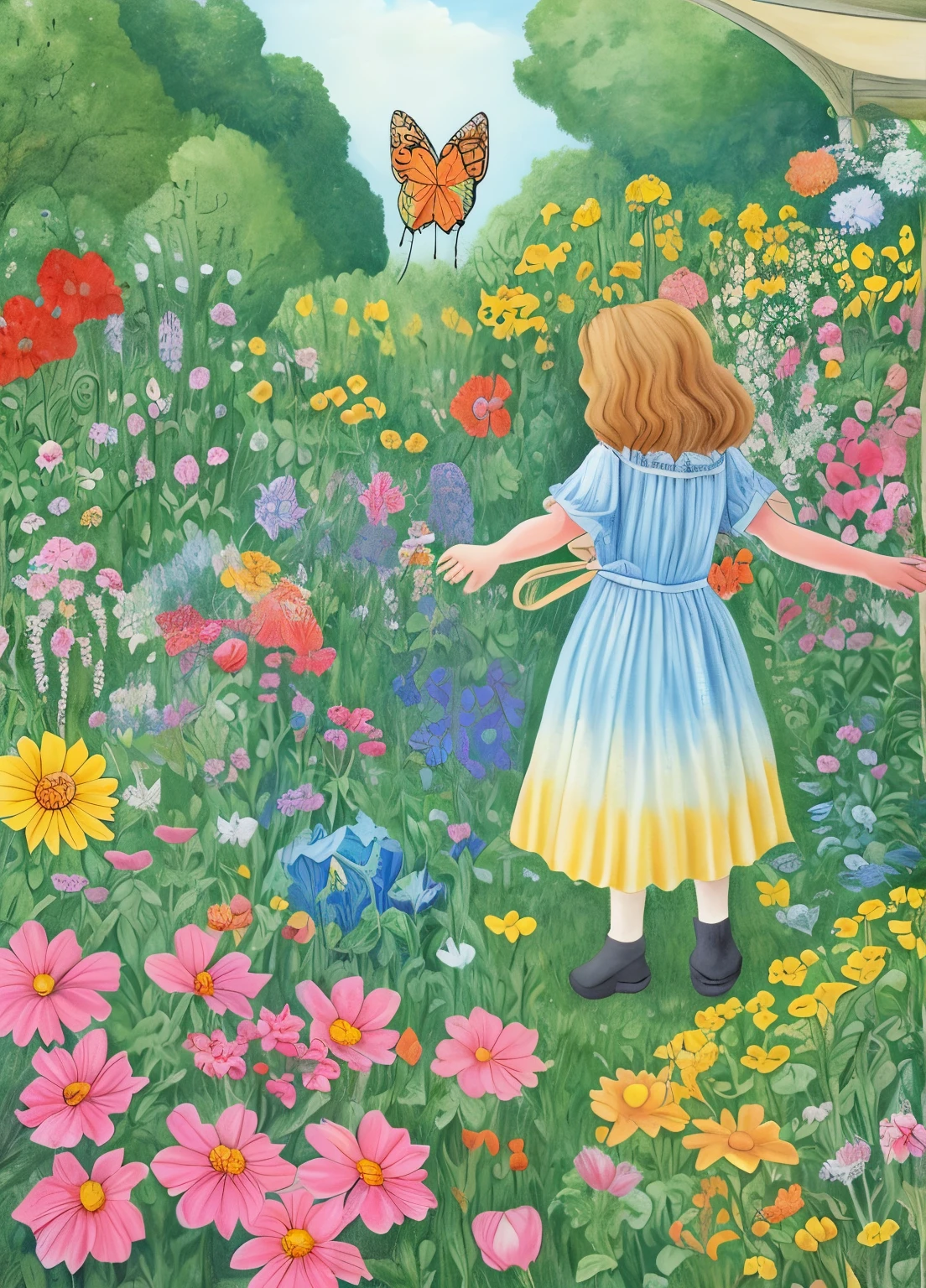 painting of a person reaching for a butterfly in a garden, illustrated in whimsical style, by Martina Krupičková, by Maksimilijan Vanka, by Margit Anna, colored illustration, by Betty Merken, by Nadya Rusheva, art colouring : roberto bernardi, by Ayako Rokkaku, by Dóra Keresztes