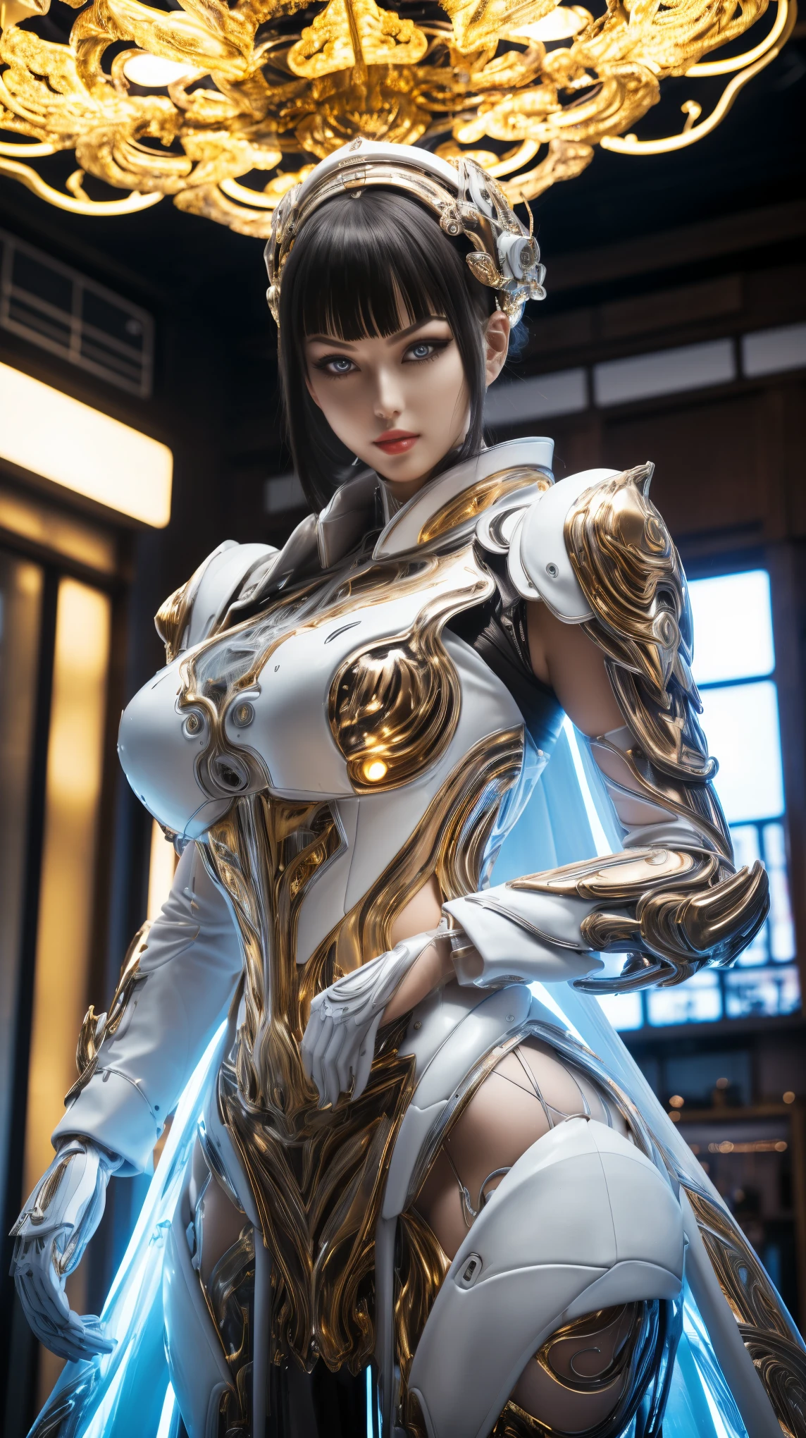 Photos of Japanese female robots in their 20ade of white and silver clear glass and plastic, geisha makeup, Black hairstyle, Silver and gold metallic interior, dynamicposes, flowing organic structure, Meticulous carving, Lace design, Glowing gold circuit, Colorful neon lights decoration, Meticulous carving, Lace design, glowing circuitry, neon trim, H&#39;artistically.r. Giger, Greg Rutowski