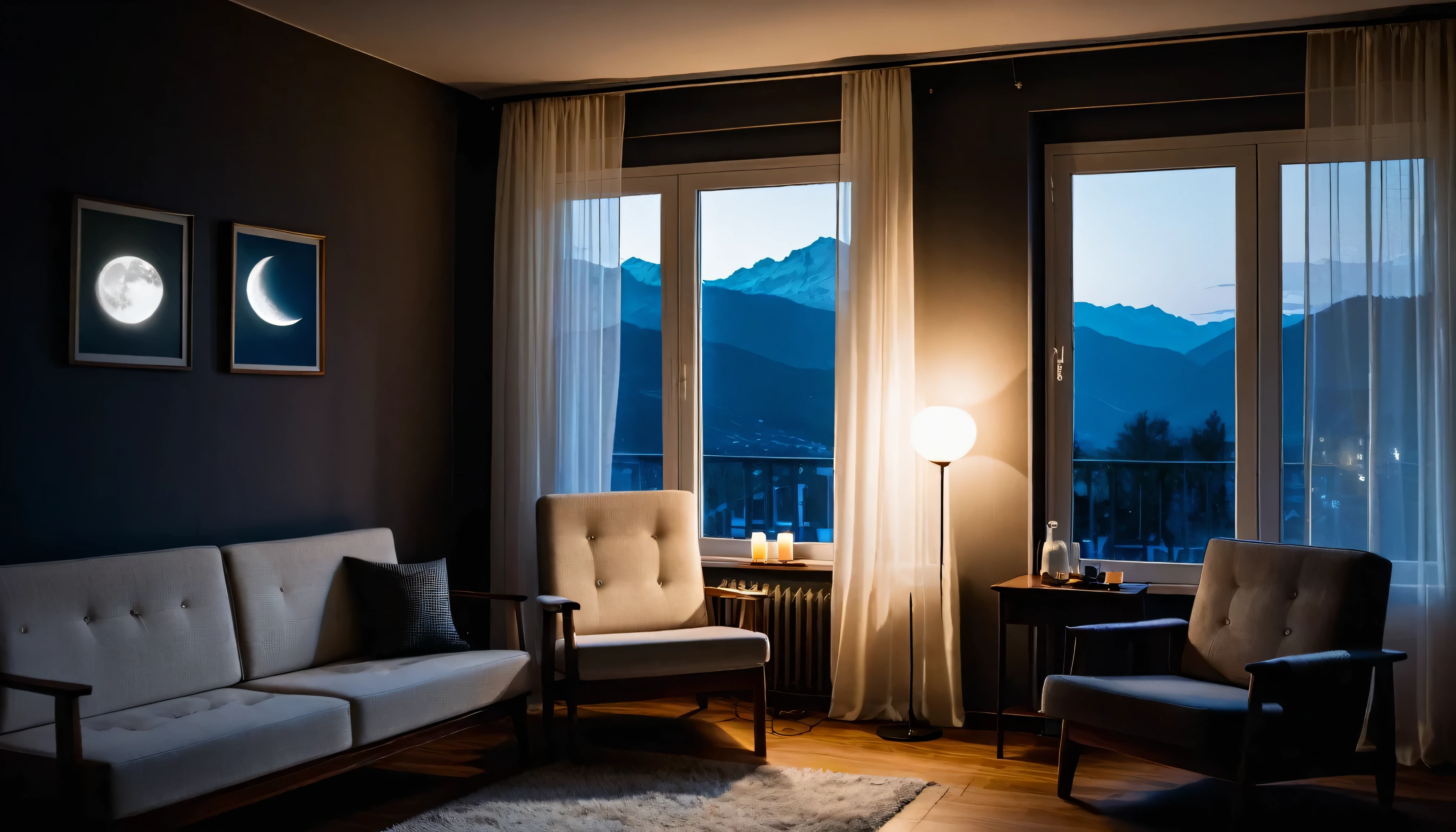 darkroom, night, In Front oF the small hall window,Personal ComFort SoFa Rocking Chair.There is a small night light candle on the table side cabinet. a glass oF boiling water, There is the moon and starry sky outside the window.soFt light and shadow, Stylish and modern, soFt warm light, flowing transparent white curtains.Windows looking at the lights oF distant mountains and towns, Very detailed,tonal texture.Obvious contrast oF light and shadow.High-end and quality.halF-length view , 50mm , F/1.8 , Shutter speed 1/60 , ISO 50 ,Color temperature 4000k， masterpiece.First-person view