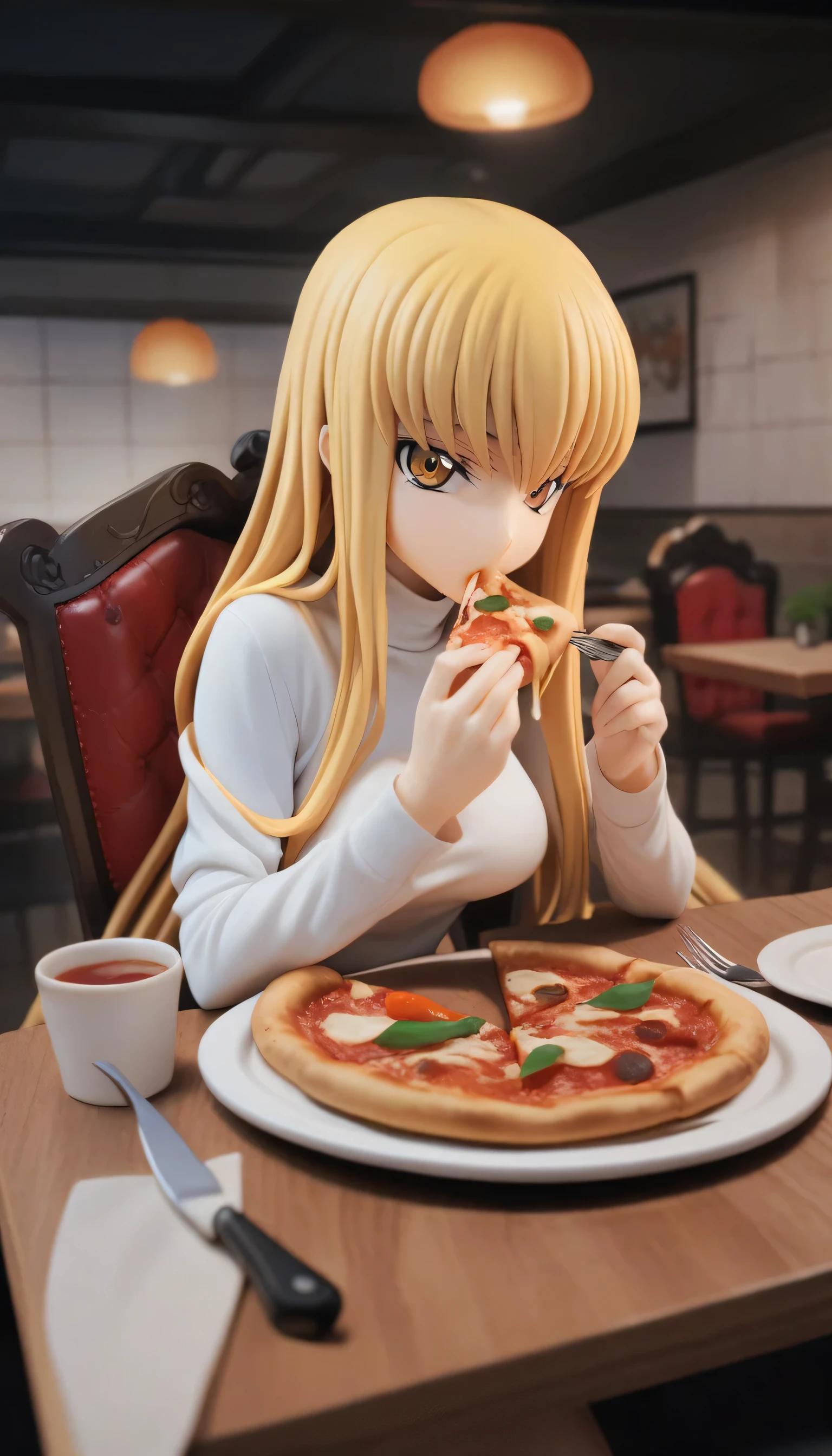 1 girl, C.C., Code geass, White shirt, long sleeve, turtleneCk, sitting, looking at the audience, eat, pizza, plate, cross, knife, table, Chair, table, Dining room, CinematiC angle, CinematiC lighting, masterpieCe, best quality