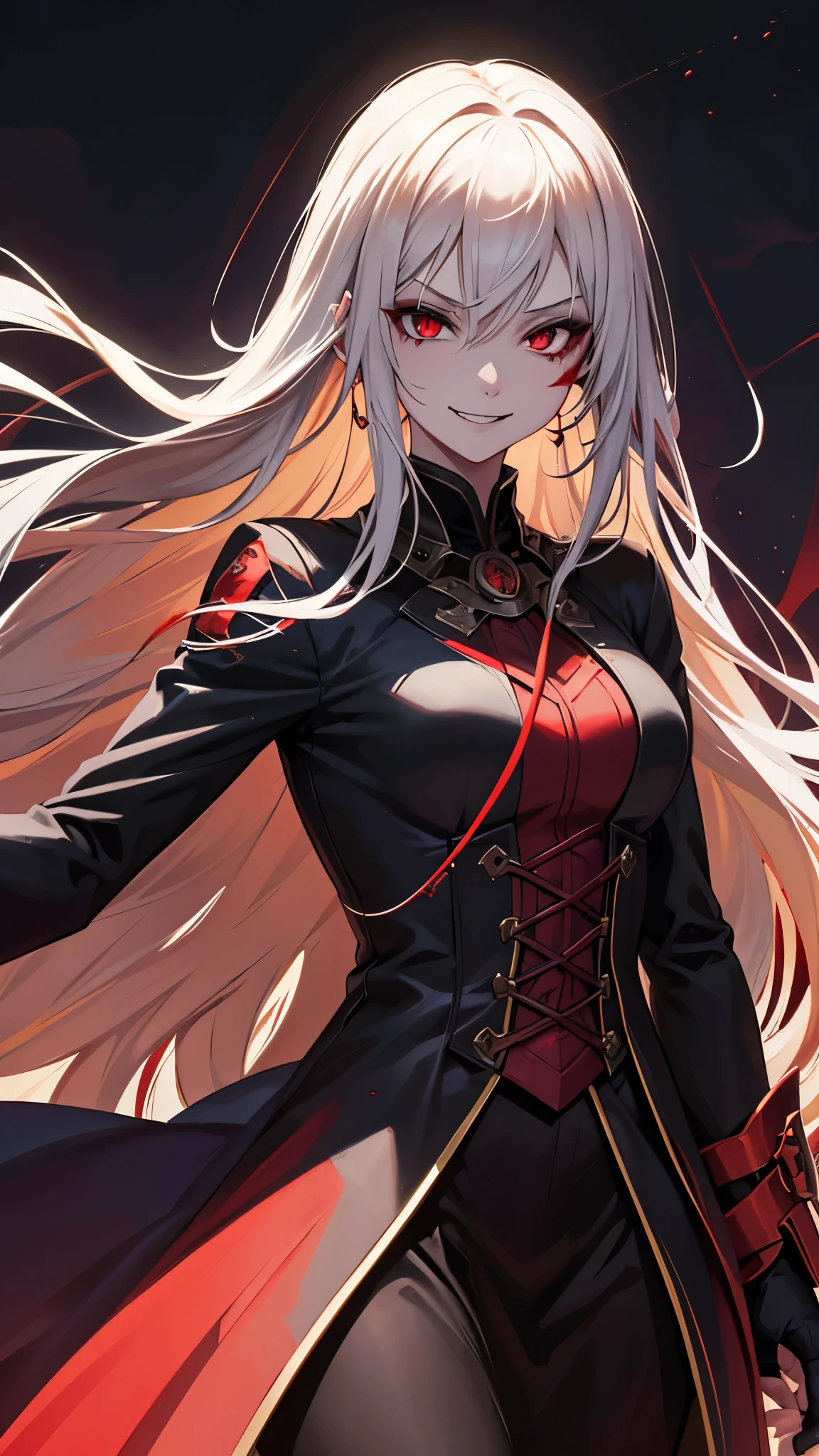 1girl, flying hair, red eyes, fire witch, blood on face, light particles, lightning rays, wallpaper, colorful, high contrast, vampire, smirk, evil smile, psychopathic smirk, psychopathic smile, tilted head
