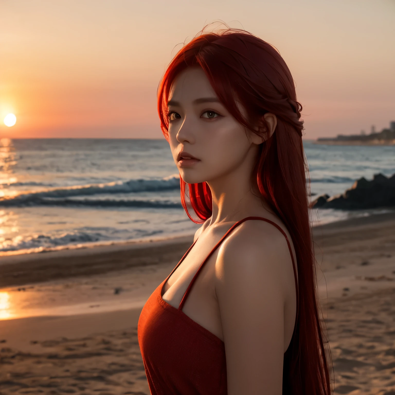 beach,seaside,Sunset,red hair,red eyes,serious,8K resolution