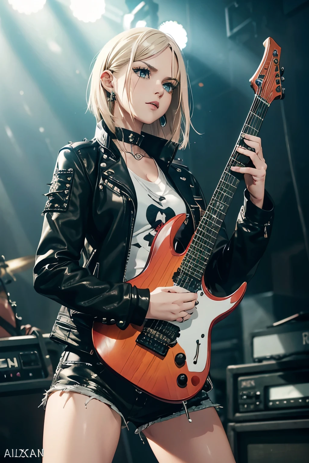 realistic:1.2, Rocker girl wearing a leather jacket,slim body shape、Normal bust size、 highly realistic photograph, fullbody、, １two electric guitars, clothes with spikes,white tank top、Navel exposed、leather shorts、tattoo,earrings dark lipstick, blue eyes,spiky blonde and partially shaved hair, beautiful and perfect legs, confident look, punk style ,dynamic pose, dynamic lighting, Bright colors, ant alexa 65, 50MM lens