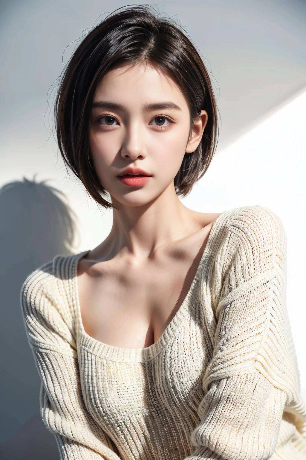 1 girl in,sweater,White background,lifelike face、short hair、Real hair quality、thick hair、detailed piece of work、