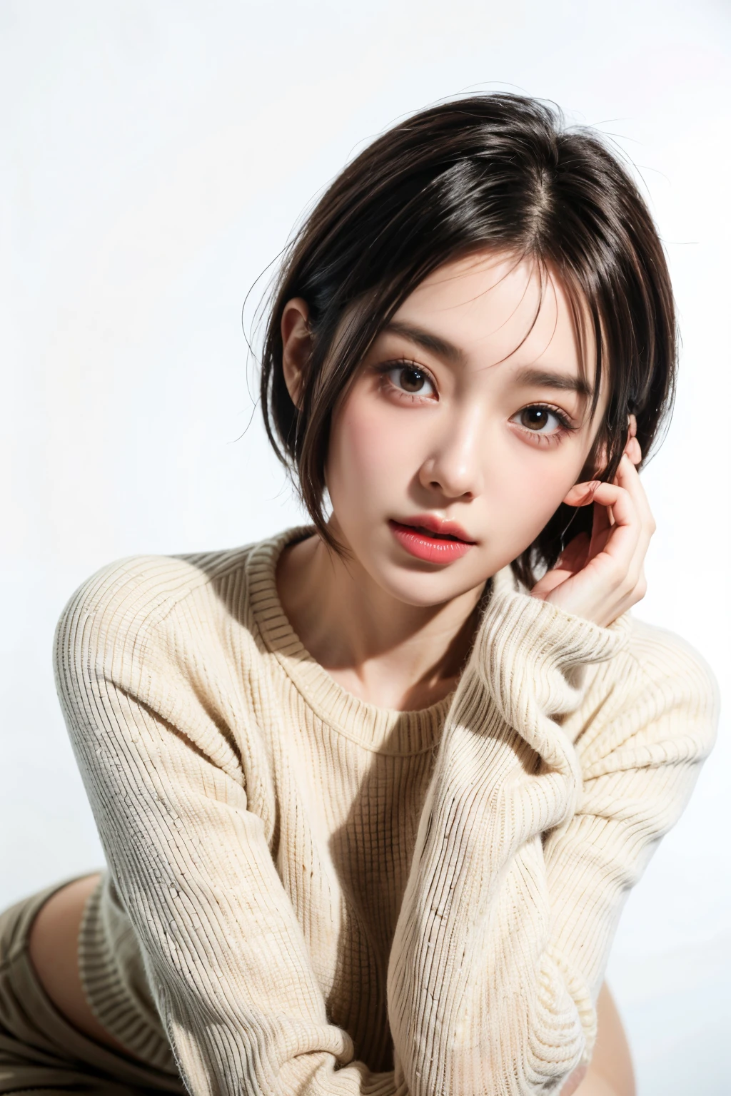 1 girl in,sweater,White background,lifelike face、short hair、Real hair quality、thick hair、detailed piece of work、