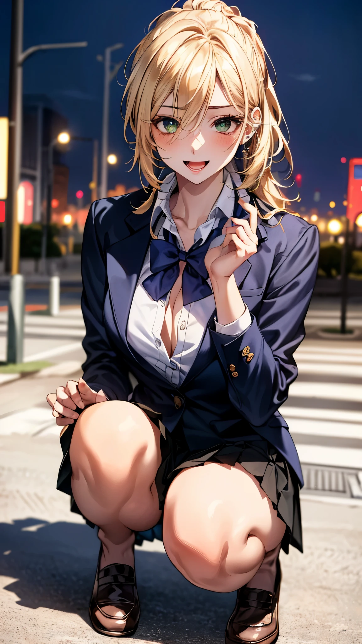 (masterpiece:1.3, top-quality, ultra high res, ultra detailed), (realistic, photorealistic:1.4), beautiful illustration, perfect lighting, colorful, depth of fields,
beautiful detailed hair, beautiful detailed face, beautiful detailed eyes, beautiful clavicle, beautiful body, beautiful chest, beautiful thigh, beautiful legs, beautiful fingers,
looking at viewer, 1 girl, japanese, high school girl, perfect face, (perfect anatomy, anatomically correct), cute and symmetrical face, babyface, , shiny skin,
(middle hair:1.5, topknot, loose hair, blonde hair), hair between eyes, dark green eyes, drooping eyes, big eyes, long eye lasher, (medium breasts), slender,
((navy blazer, collared white shirt, navt pleated skirt)), dark red bow tie, piercing, hair scrunchie,
(beautiful scenery), evening, (park), squatting, (lovely smile, upper eyes, open mouth),