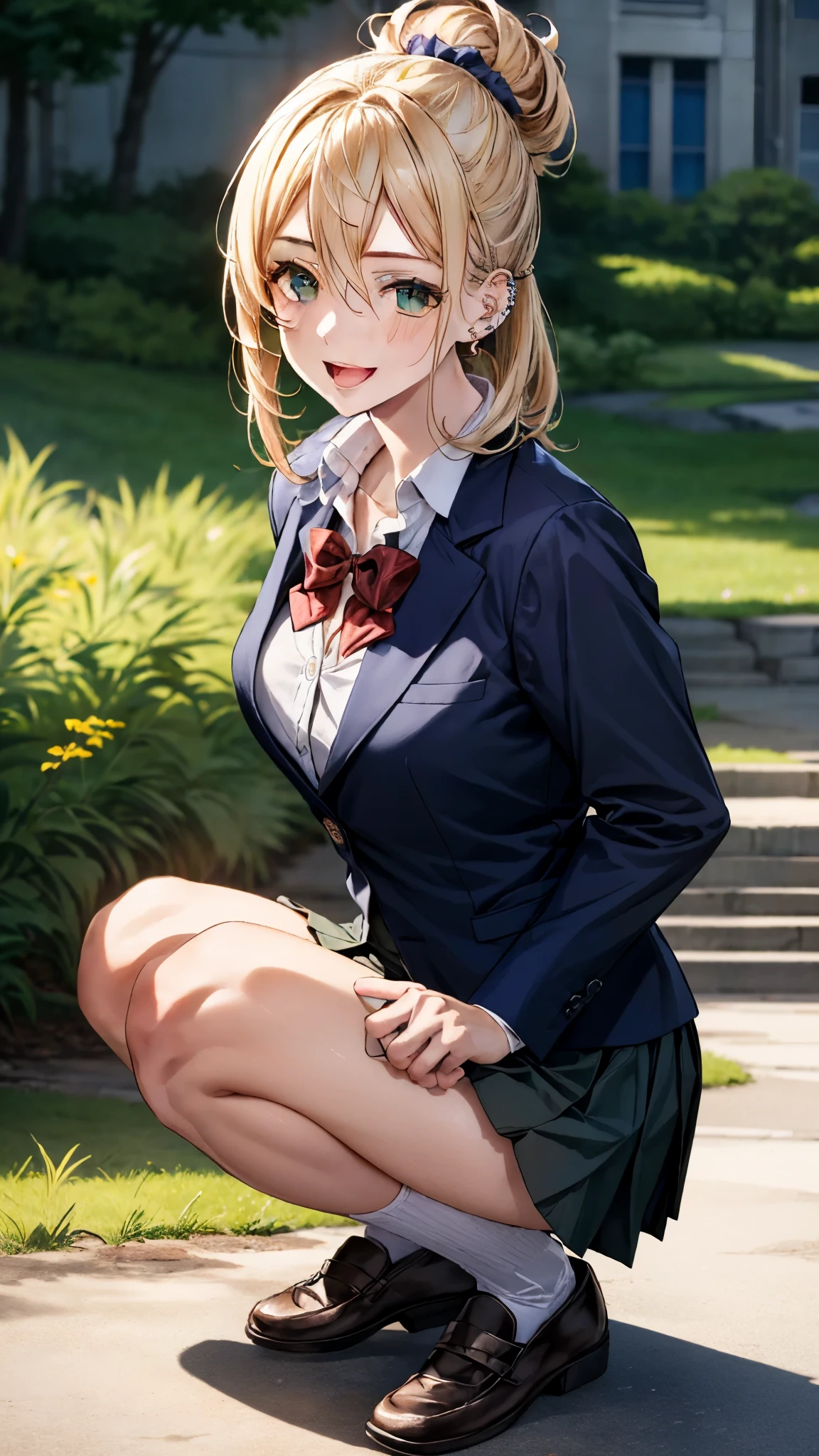 (masterpiece:1.3, Highest quality, Ultra-high resolution, Super detailed), (Realistic, photoRealistic:1.4), Beautiful illustrations, Perfect lighting, colorful, Depth of written boundary,
Beautiful detailed hair, Beautifully detailed face, Beautiful attention to detail, Beautiful clavicle, Beautiful body, Beautiful breasts, Beautiful thighs, Beautiful feet, Beautiful fingers,
View your viewers, 1 girl, Japanese, high school girl, Perfect Face, (Perfect Anatomy, Anatomically correct), Cute and symmetrical face, Baby Face, , Glowing Skin,
(Mid-length hair:1.5, Topknot, Hair loss, Blonde), Hair between the eyes, Dark green eyes, Droopy eyes, Big eyes, Long eyelashes, (Medium chest), thin,
((Navy Blazer, White collared shirt, nabuto pleated skirt)), Dark red bow tie, Earrings, Hair Scrunchie,
(Beautiful views), evening, (garden), She spreads her legs to show her light pink lace underwear, (Cute smile, Upward glance, Open your mouth), Her shirt is open, showing off her breasts