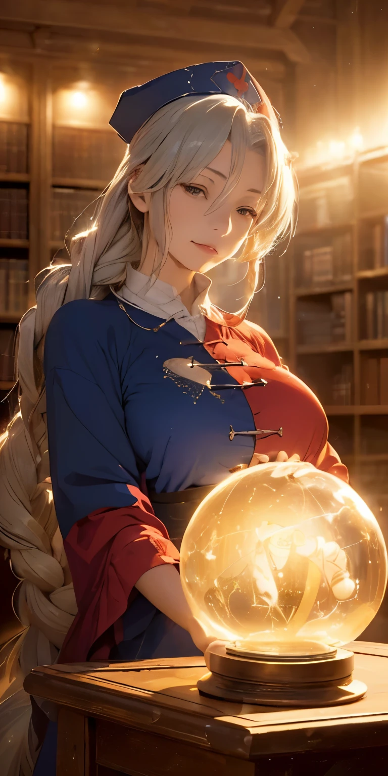 (masterpiece, best quality:1.3), (upper body:1.3), Yagokoro Eirin, Touhou Series, perfect face, expressive eyes, 1woman, looking at viewer, 38 years old, gorgeous body, big breast, beautiful, anime, lora,1woman, silver hair, braid hair, nurse cap, red and blue clothes, long skirt, (disgust:1.5), (cinematic lighting, realistic, dream-like, enchanting atmosphere:1.5), (photo of a woman in her dark and mysterious environment:1.3), (the woman surrounded by an aura of mystery and intrigue:1.3), (in the middle of a massive modern library in the style of Tianjin Library:1.3), (candles flickering, casting dancing shadows around the room:1.3), (the dim lighting adding to the ambiance of secrecy and mysticism:1.3), (a crystal ball nearby, adding to the mystical setting:1.3), (symbols of astrology and esoteric knowledge decorating the room:1.3), (a hint of incense in the air, adding to the sensory experience:1.3),