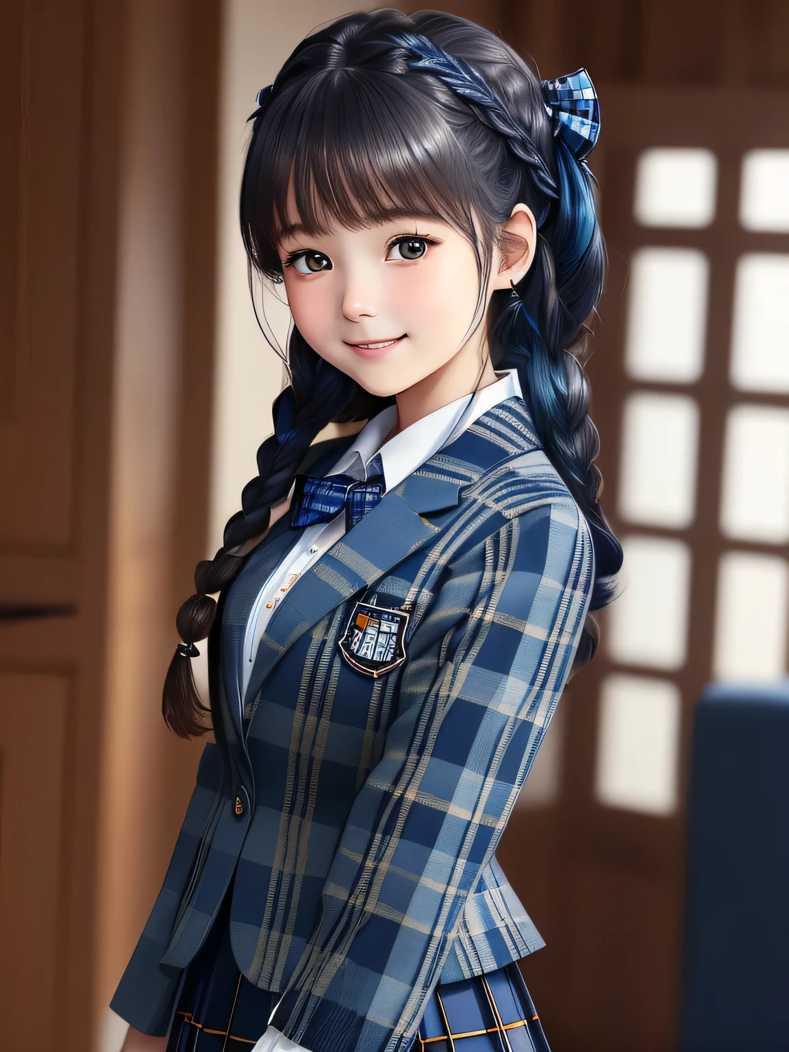 (18 year old japanese girl), Very beautiful portrait, realistic cute girl drawing, amazing digital paintings, elegant digital paintings, baroque digital painting, detailed beautiful portrait, ((brown eyes)), ((((ダークblue、blue、blueとネイビーのチェック柄ロングプリーツタータンチェックロングスカート)))),((((エンブレム付きダークblueblueblueスクールブレザー)))), (((dark brown twin braid hairstyle))), ((only looking at the viewer)), ((Transparent pure white skin)), ((very white skin)), ((small face)), ((Her curly bangs are so cute)), ((long eyelashes)), (((close your eyes and smile))), ((put your hand on your chest)), ((The corners of the eyes are drooping)), ((thin downward eyebrows)), white background, ((taken from behind)), ((No hair ribbon))