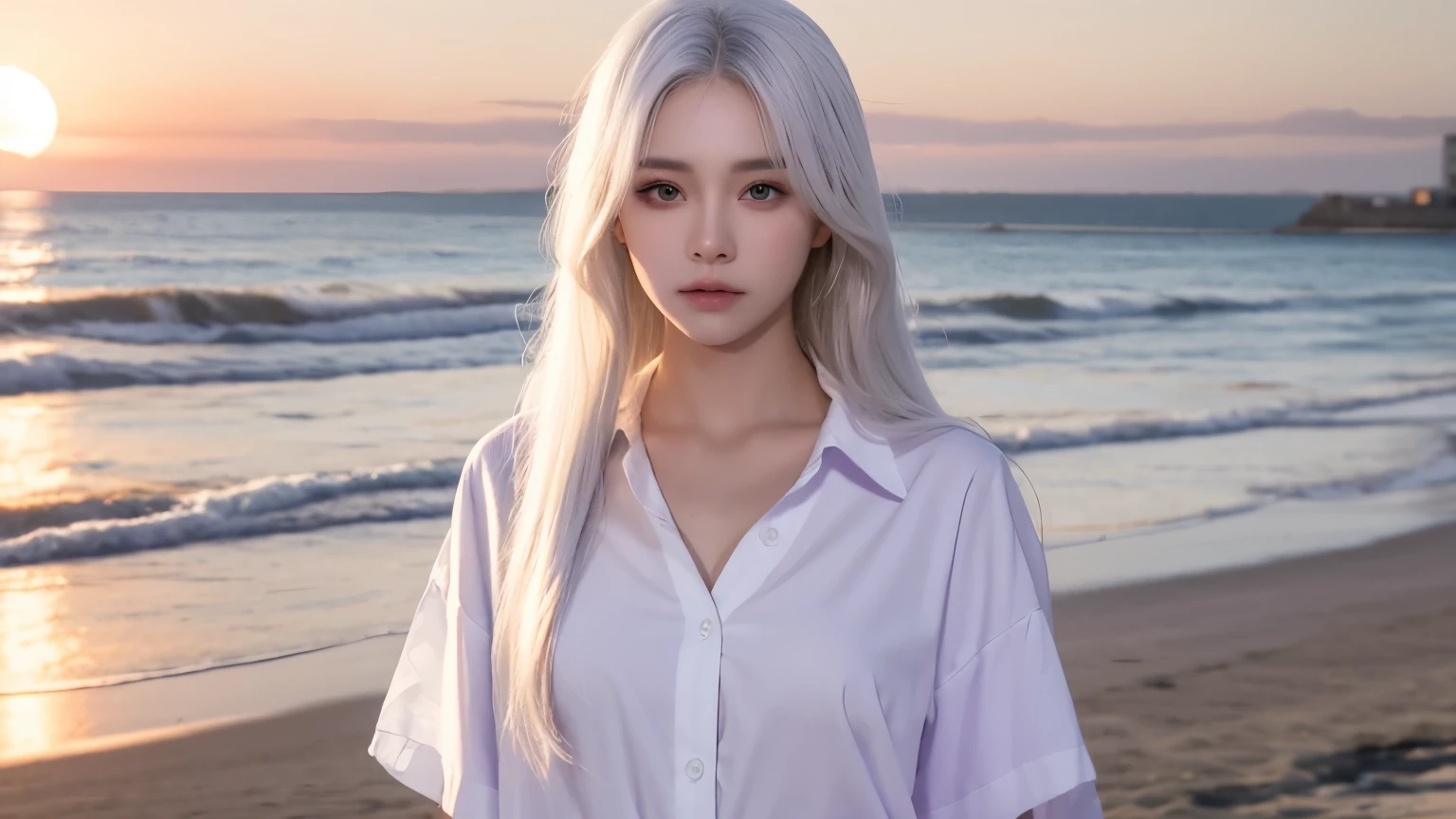 beach,seaside,Sunset,long white hair,purple eyes,serious,8K resolution,white shirt