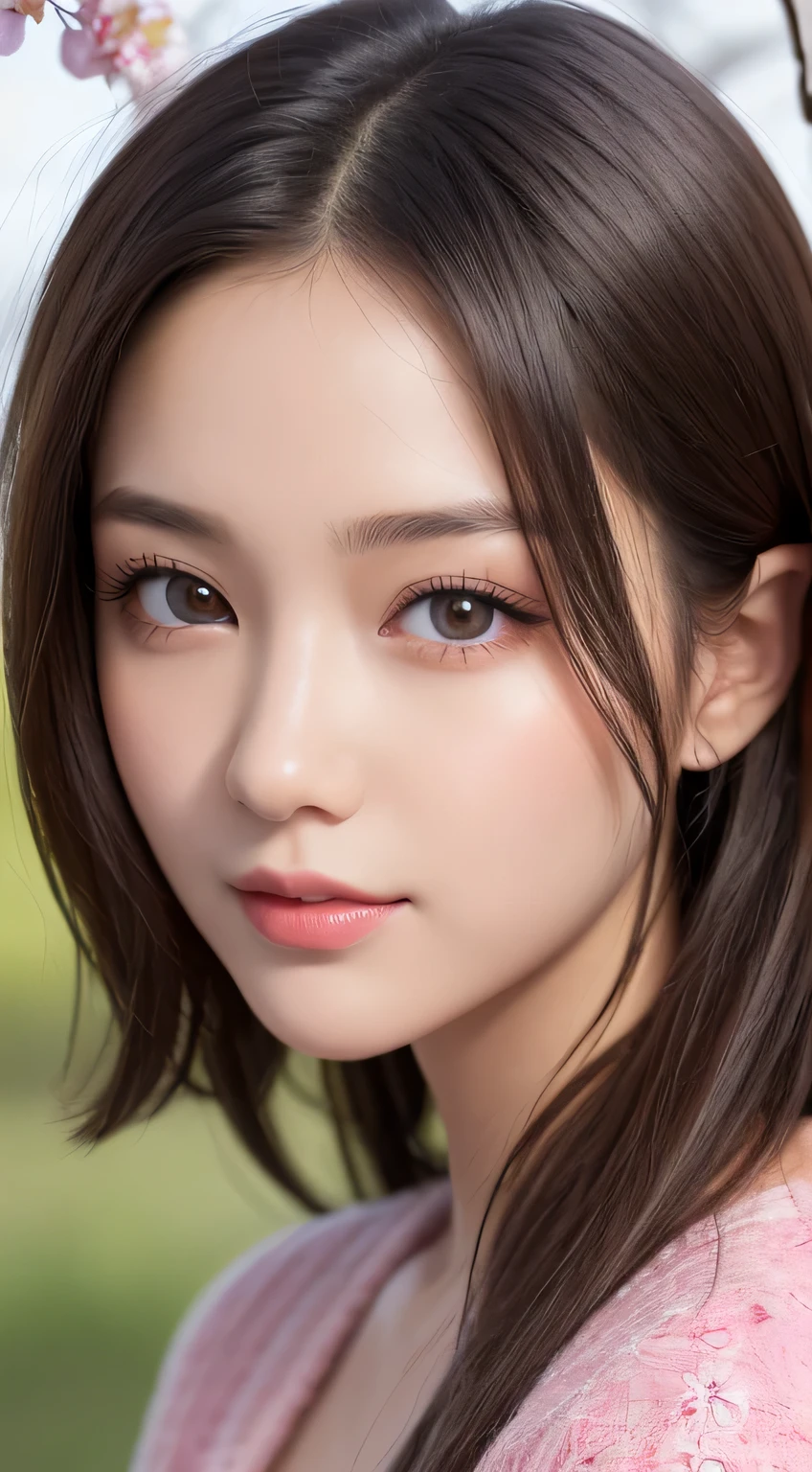 table top, highest quality, shape, Super detailed, finely, High resolution, 8k wallpaper, 完璧なダイナミックな構shape, finelyて美しい目, pink dress,medium hair, natural color lip,gentle smile,big city、20 year old girl、midnight、Beautiful and dense face、perfect and beautiful face、slim face and style,Big eyes、small face、cherry blossoms