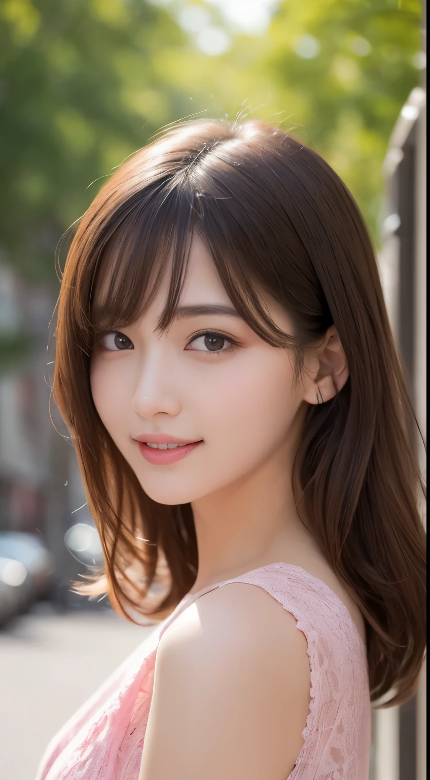 table top, highest quality, figure, Super detailed, finely, High resolution, 8k wallpaper, 完璧なダイナミックな構figure, detailed and beautiful eyes, pink dress,medium hair, natural color lip,gentle smile,big city、20 year old girl、midnight、beautiful and detailed face、perfect and beautiful face、slim face and style,Big eyes、small face、cherry blossoms