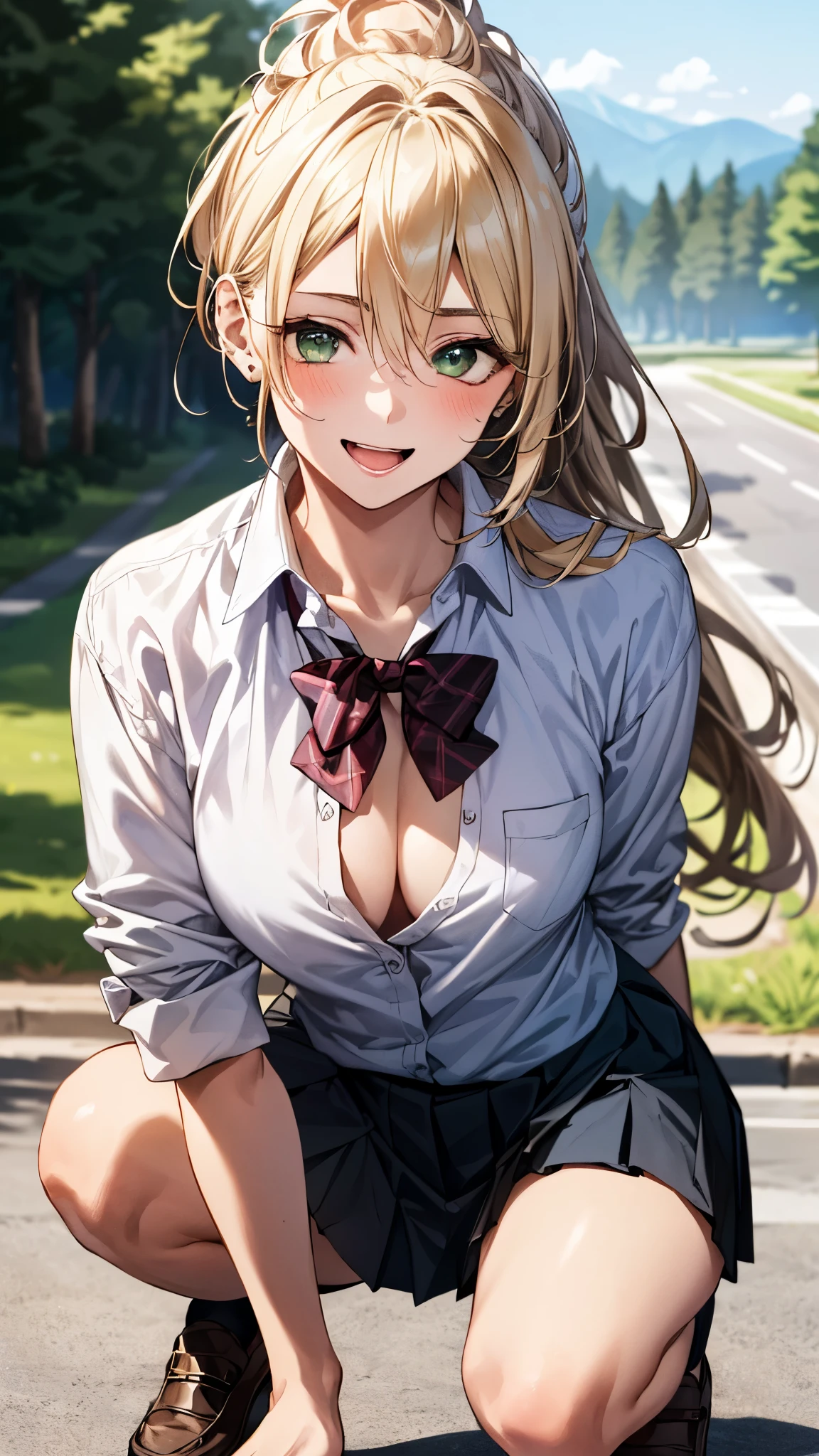 (masterpiece:1.3, top-quality, ultra high res, ultra detailed), (realistic, photorealistic:1.4), beautiful illustration, perfect lighting, colorful, depth of fields, 
beautiful detailed hair, beautiful detailed face, beautiful detailed eyes, beautiful clavicle, beautiful body, beautiful chest, beautiful thigh, beautiful legs, beautiful fingers, 
looking at viewer, 1 girl, japanese, high school girl, perfect face, (perfect anatomy, anatomically correct), cute and symmetrical face, face, , shiny skin, 
(middle hair:1.5, topknot, loose hair, blonde hair), hair between eyes, dark green eyes, drooping eyes, big eyes, long eye lasher, (medium breasts), slender, 
((navy blazer, collared white shirt, navt pleated skirt)), dark red bow tie, piercing, hair scrunchie, 
(beautiful scenery), evening, (park), squatting, (lovely smile, upper eyes, open mouth), 