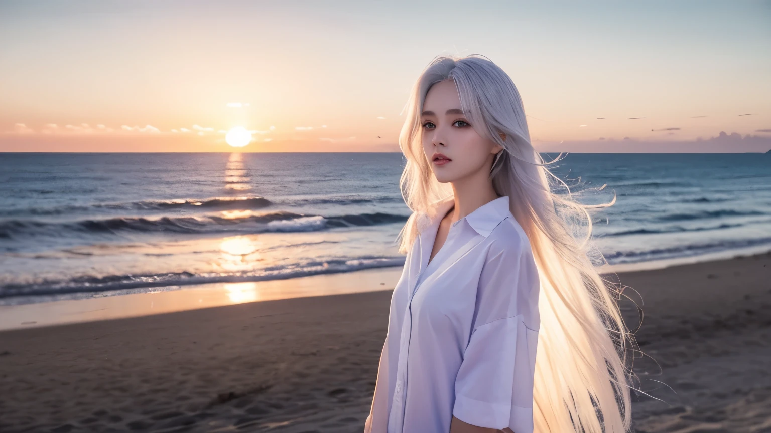 beach，seaside，Sunset，long white hair，purple eyes，serious，8K resolution，white shirt