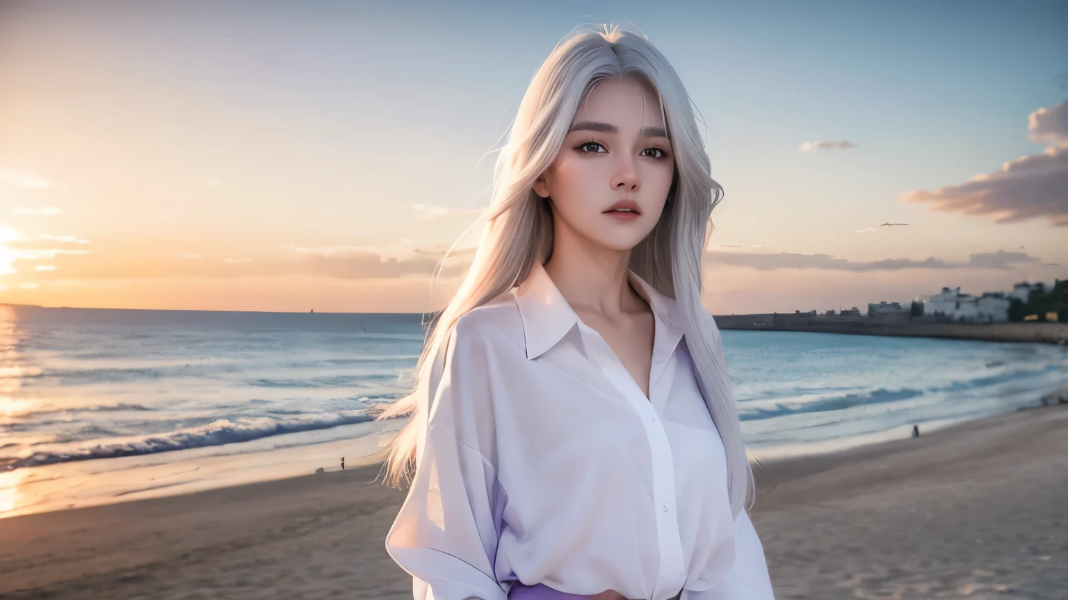 beach,seaside,Sunset,long white hair,purple eyes,serious,8K resolution,white shirt