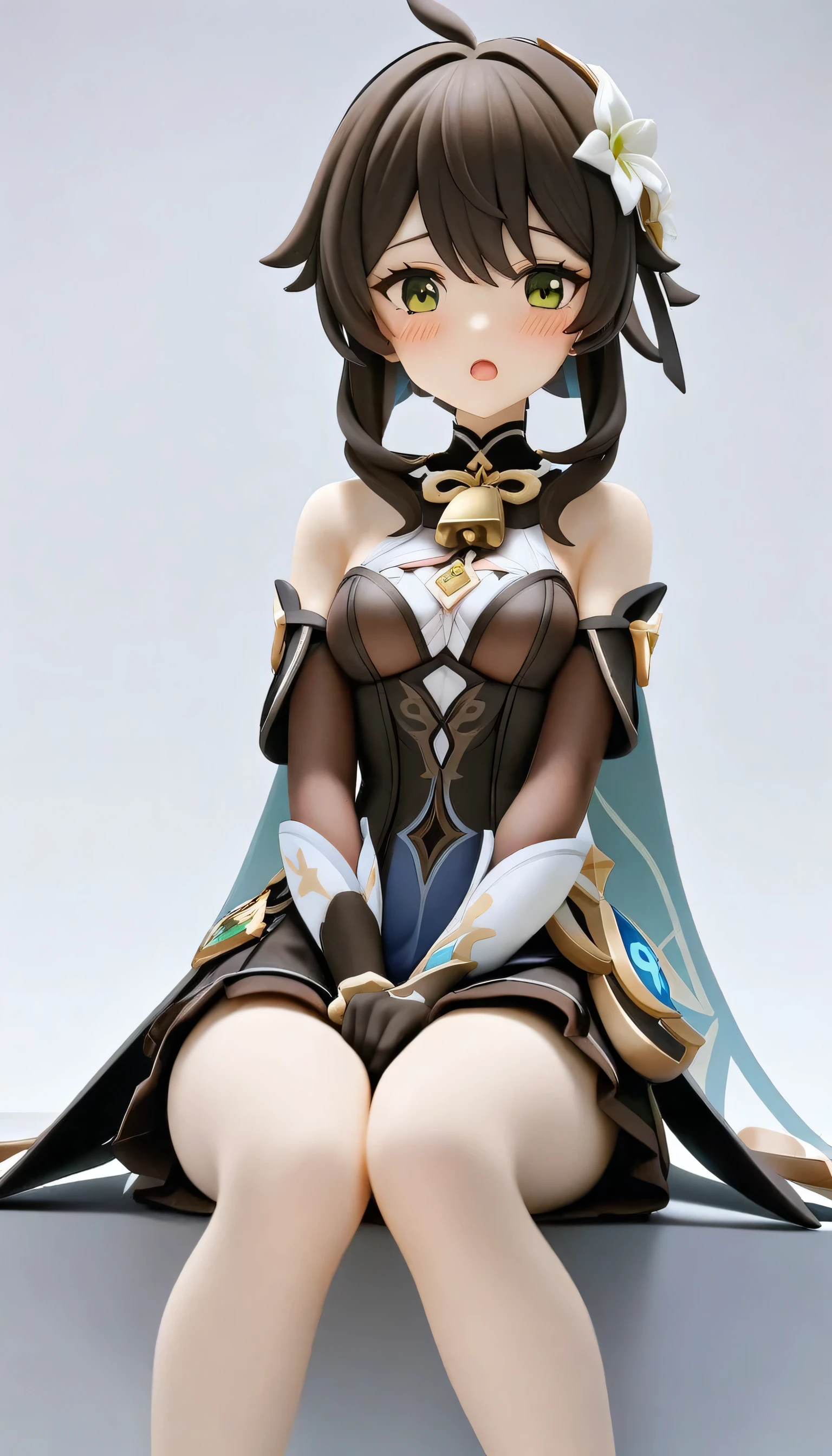employment \(twilight bloom\),employment \(Genshin Impact\),1 girl,alone,imagine \(Genshin Impact\),looking at the audience,White background,hair flower,black gloves,skirt,alternative costume,bell,blush,sitting,separate sleeves,Simple background,bare shoulders,open mouth,white flower,