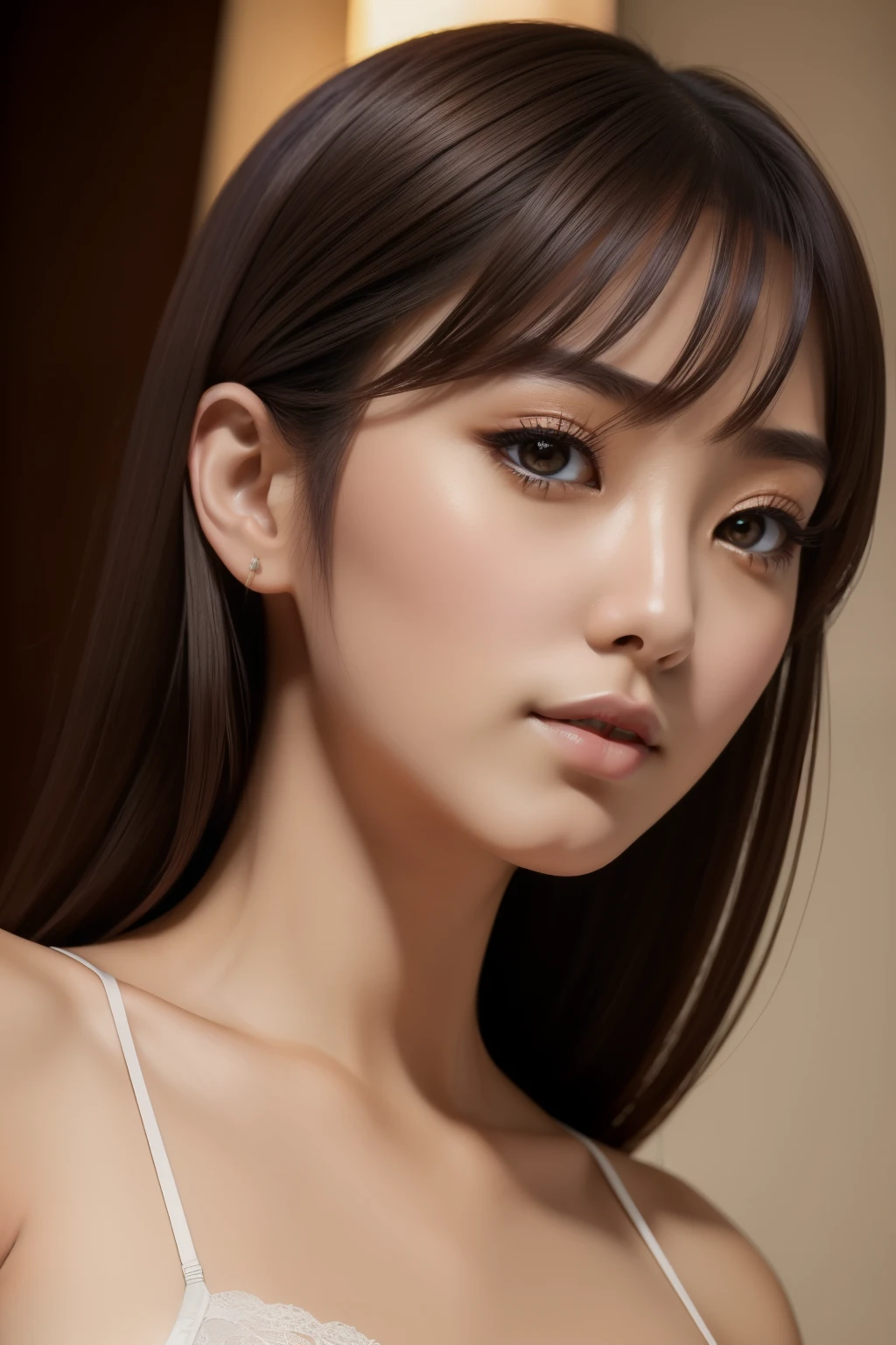 (highest quality, 8K, 32k, masterpiece, UHD,:1.2), japanese woman, camisole , super detailed face, fine eyes, highly detailed lips ,dark brown hair, slender body shape, Upper body, Natural light