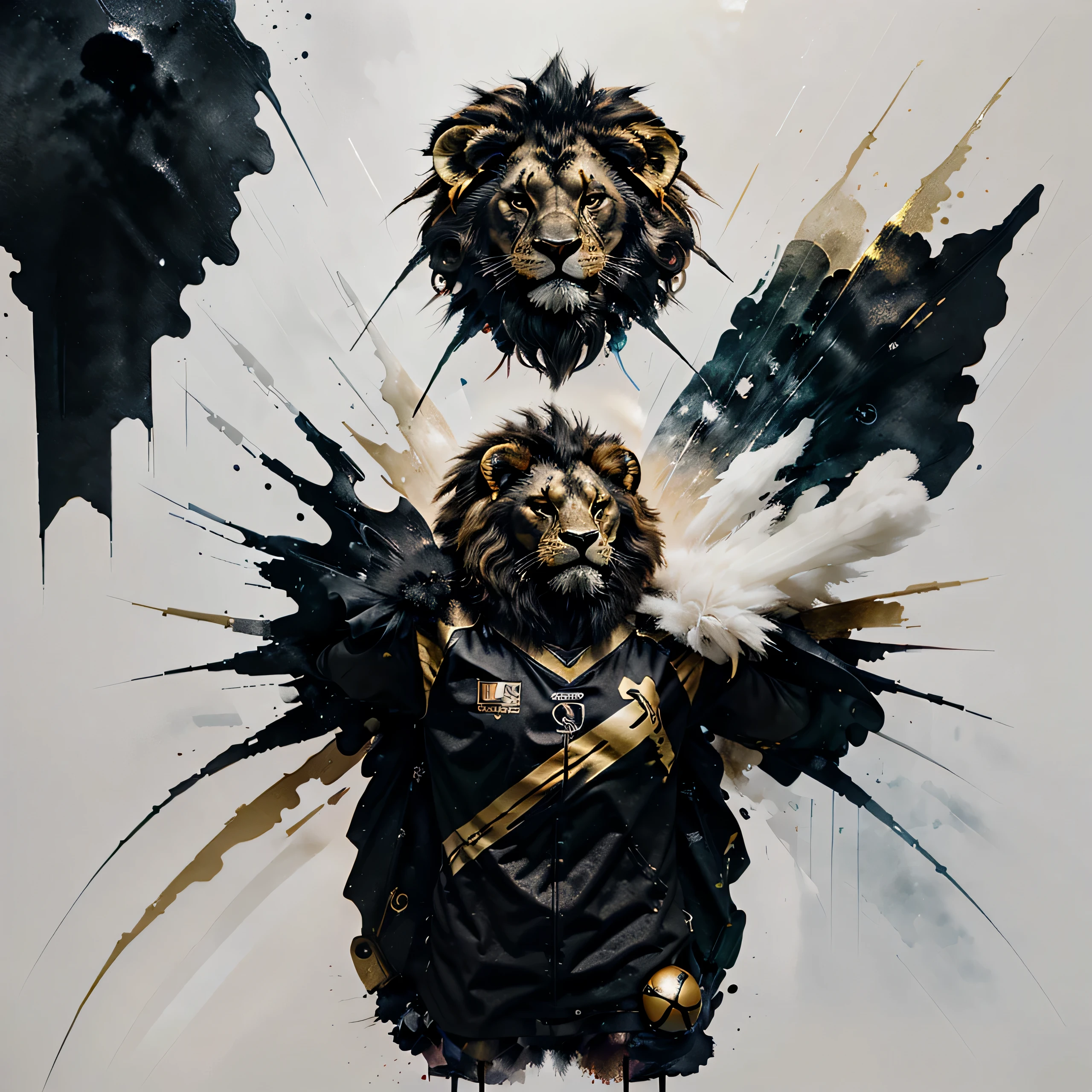 3D drawing of a lion standing in a black and gold football shirt