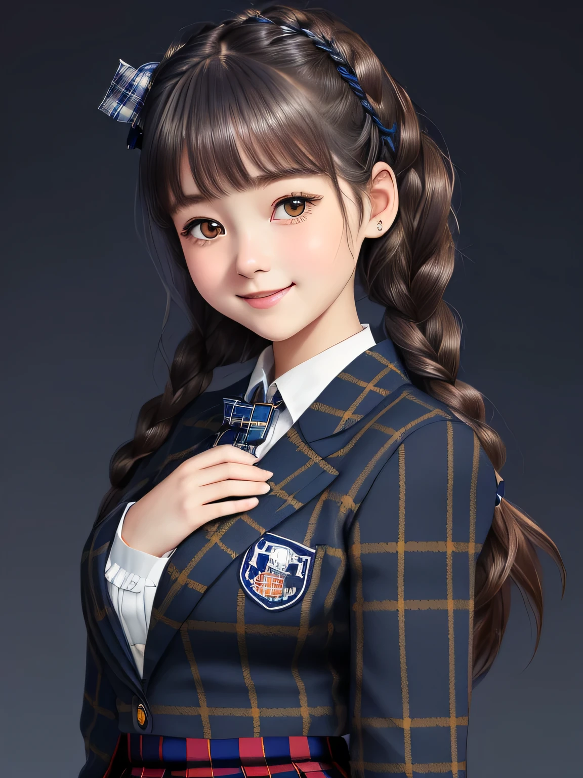 (18 year old japanese girl), Very beautiful portrait, realistic cute girl drawing, amazing digital paintings, elegant digital paintings, baroque digital painting, detailed beautiful portrait, ((brown eyes)), ((((ダークblue、blue、blueとネイビーのチェック柄ロングプリーツタータンチェックロングスカート)))),((((エンブレム付きダークblueblueblueスクールブレザー)))), (((dark brown twin braid hairstyle))), ((only looking at the viewer)), ((Transparent pure white skin)), ((very white skin)), ((small face)), ((Her curly bangs are so cute)), ((long eyelashes)), (((close your eyes and smile))), ((put your hand on your chest)), ((The corners of the eyes are drooping)), ((thin downward eyebrows)), white background, ((taken from behind)), ((No hair ribbon))