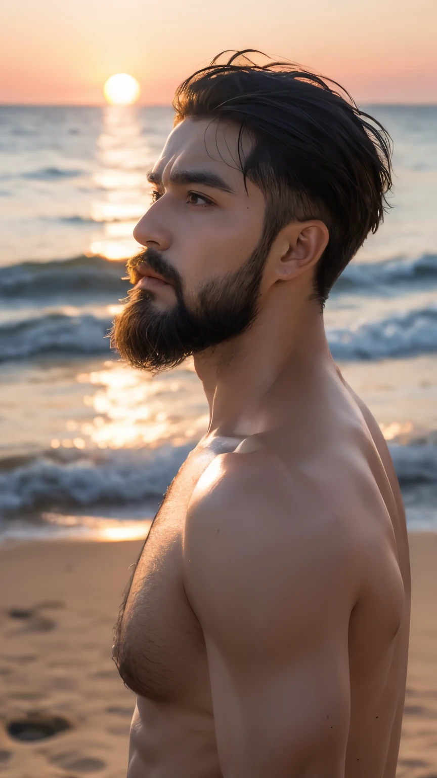 beach,seaside,Sunset,8K resolution,mature man,Over-the-shoulder hair,beard,serious expression