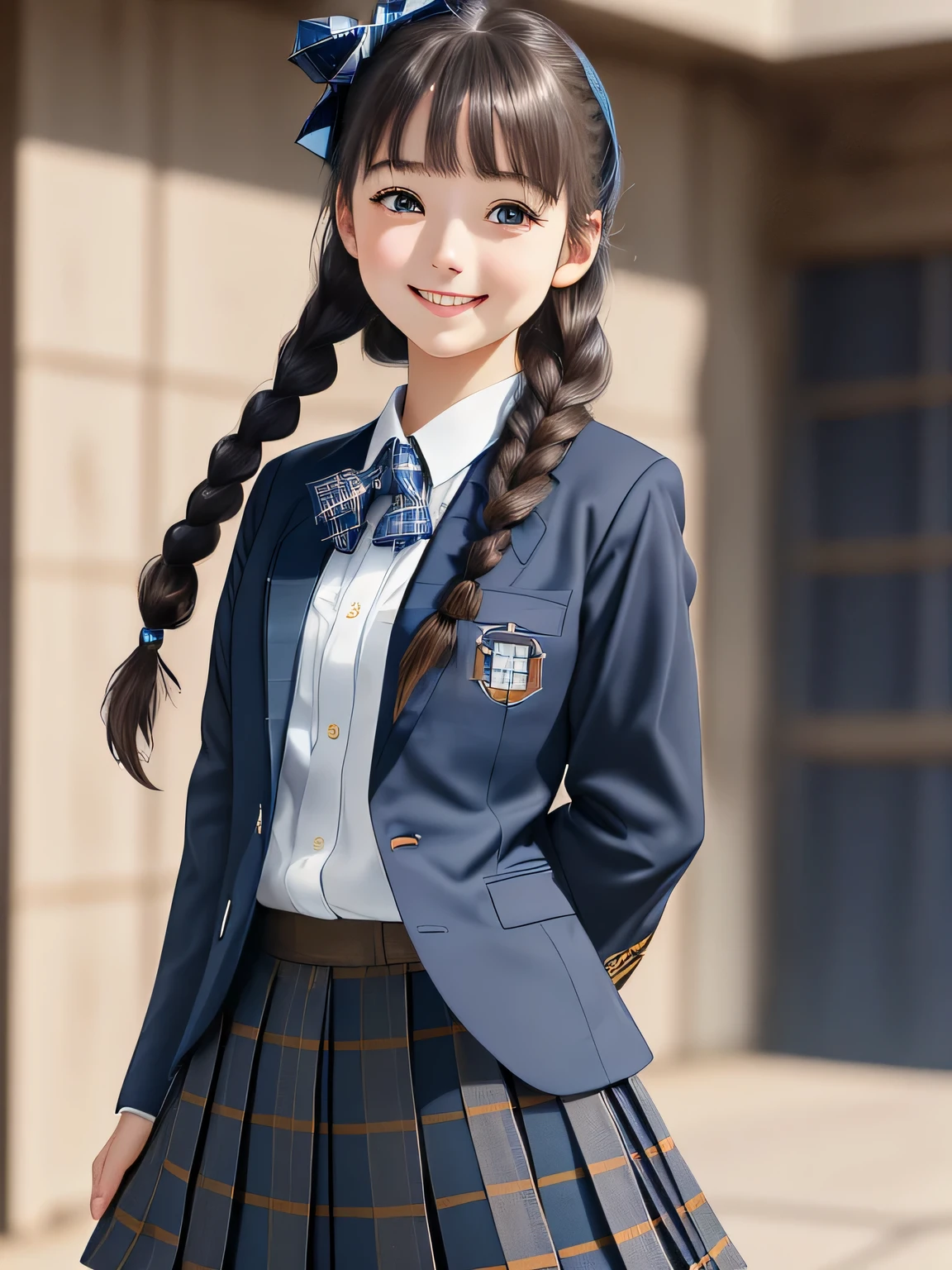 (18 year old japanese girl), Very beautiful portrait, realistic cute girl drawing, amazing digital paintings, elegant digital paintings, baroque digital painting, detailed beautiful portrait, ((brown eyes)), ((((ダークblue、blue、blueとネイビーのチェック柄ロングプリーツタータンチェックロングスカート)))),((((エンブレム付きダークblueblueblueスクールブレザー)))), (((dark brown twin braid hairstyle))), ((only looking at the viewer)), ((Transparent pure white skin)), ((very white skin)), ((small face)), ((Her curly bangs are so cute)), ((long eyelashes)), (((close your eyes and smile))), ((put your hand on your chest)), ((The corners of the eyes are drooping)), ((thin downward eyebrows)), white background, ((taken from behind)), ((No hair ribbon))