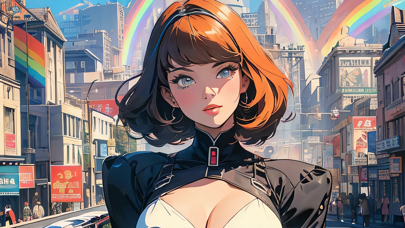 (masterpiece, highest quality), 32K,(highly detailed beautiful woman), poster,SF,1960s,1970s,bauhaus, shape, abstract,movie poster, vintage,retro,futuristic anime,ultimate map,highlight,extremely detailed rainbow-colored eyes,Emphasize cleavage,