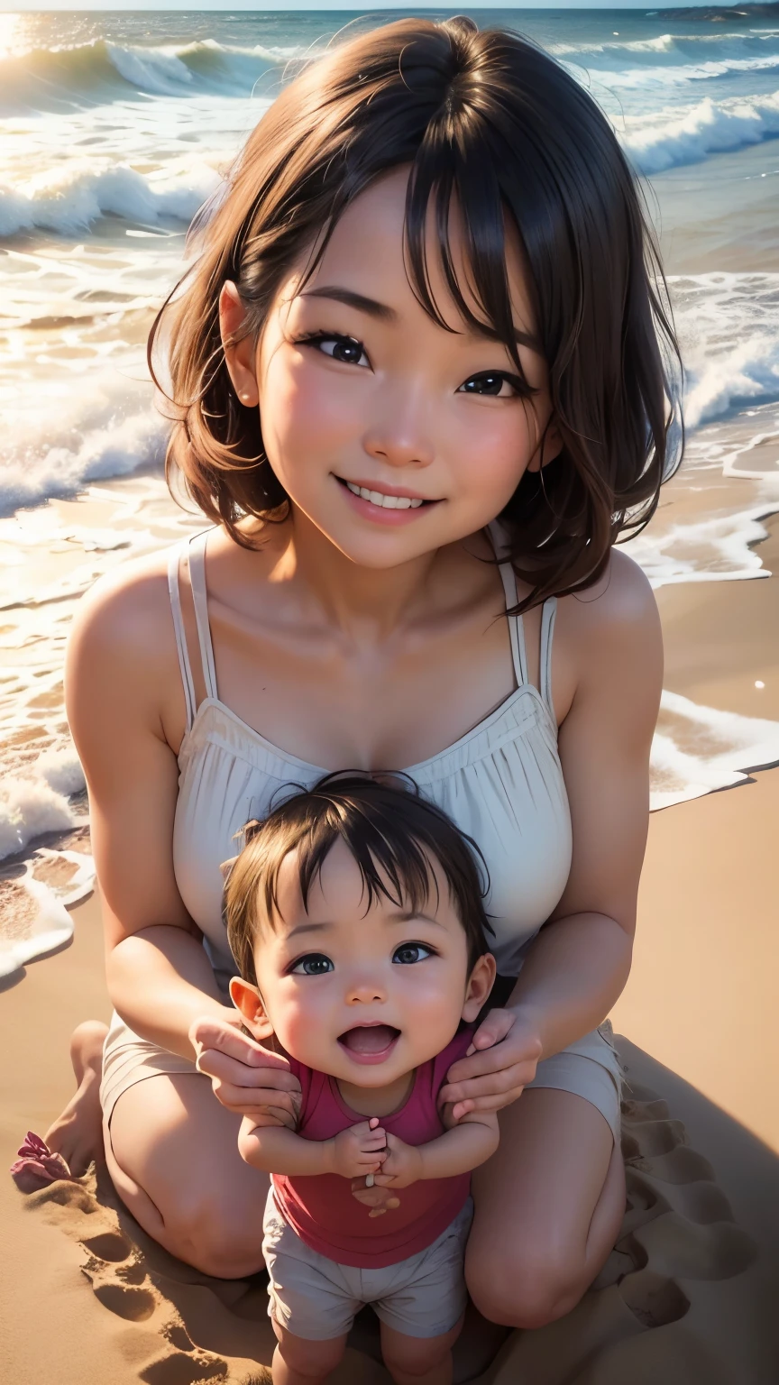 A mother is playing in the sand with her 3-year-old children、best smile、Laughter、Background of staring into each other's eyes:evening sandy beach
(full shot)
"(setting):(best quality),(masterpiece),(detailed),(ultra detailed),(insanely detailed),(ultra-quality),(highly detailed),(FHD)"