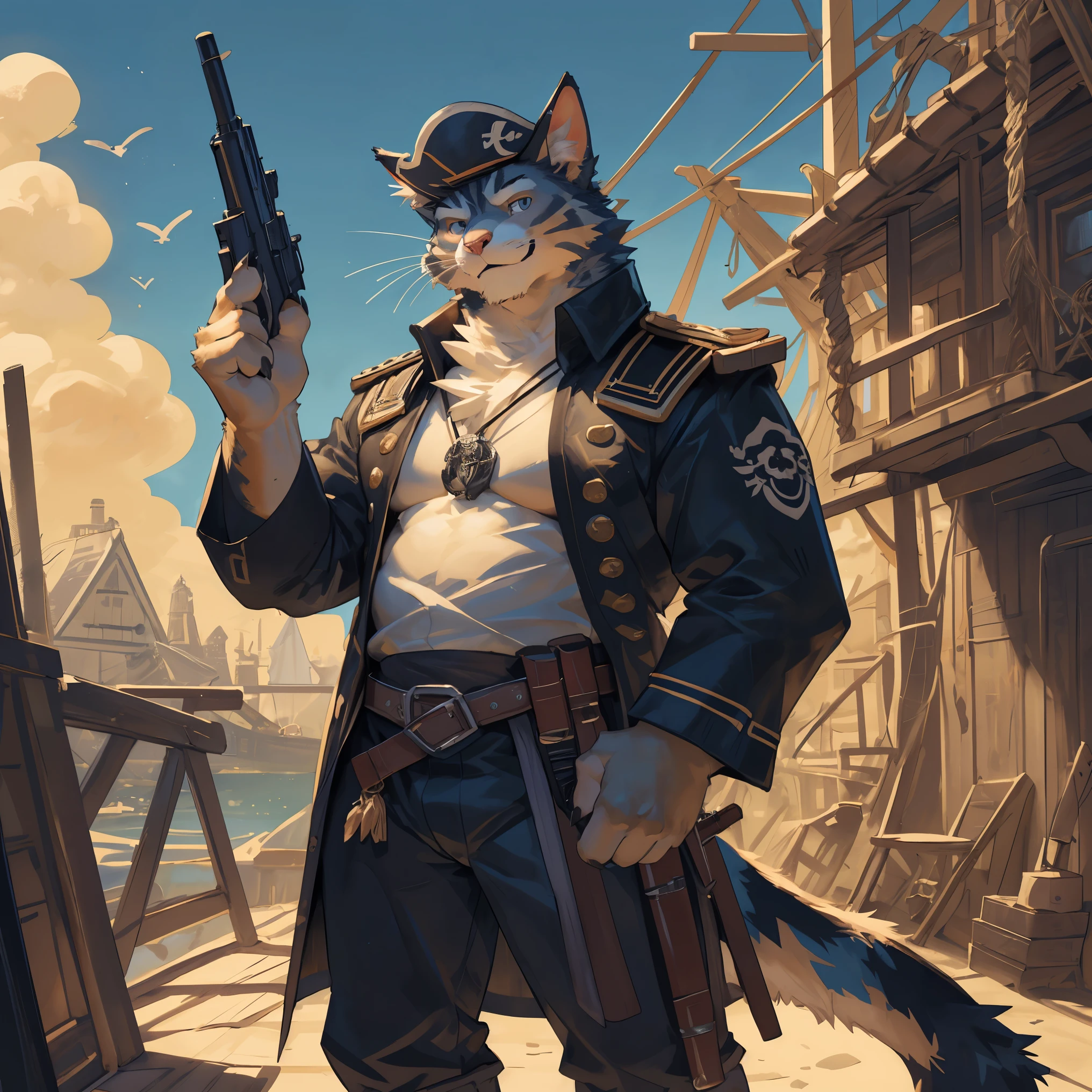 (detailed background:1.2),(sky,cloud,ship,flyingcraft, pirate gang ,sailor costume,open shirt),(rewarding, masterpiece ,best quality ,high quality, shaded, 8K, impactful composition ,close look),(kemono,furry,anthro),(by darkgem, by sindenbock, by taran fiddler, by burnbuckie, by nezumi, by sindoll),(anthro cat male with slim build , fluffy body:1.4),(from_below, foreshortening, close-up,((fashion pose)),correct hand,(((holding gun))),(confident, smug),((black pupils,correct eyes))