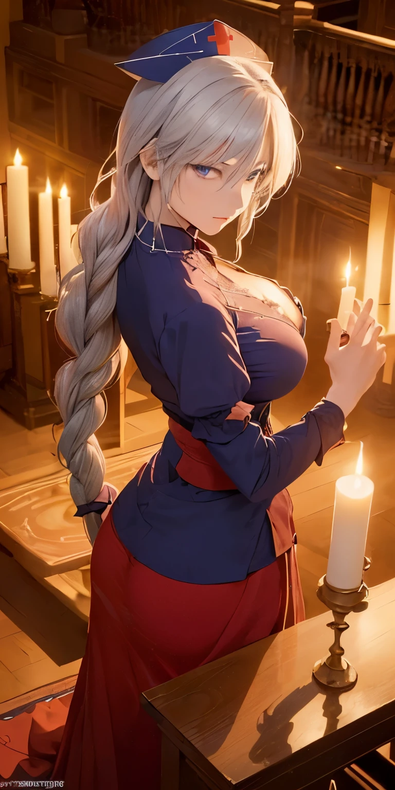 (masterpiece, best quality:1.3), (upper body:1.3), Yagokoro Eirin, Touhou Series, perfect face, expressive eyes, 1woman, looking at viewer, 38 years old, gorgeous body, big breast, beautiful, anime, lora,1woman, silver hair, braid hair, nurse cap, red and blue clothes, long skirt, (evil look, looking down on viewer:1.5), (cinematic lighting, realistic, dream-like, enchanting atmosphere:1.5), (photo of a woman in her dark and mysterious environment:1.3), (the woman surrounded by an aura of mystery and intrigue:1.3), (in the middle of a massive modern library in the style of Tianjin Library:1.3), (candles flickering, casting dancing shadows around the room:1.3), (the dim lighting adding to the ambiance of secrecy and mysticism:1.3), (a crystal ball nearby, adding to the mystical setting:1.3), (symbols of astrology and esoteric knowledge decorating the room:1.3), (a hint of incense in the air, adding to the sensory experience:1.3), 