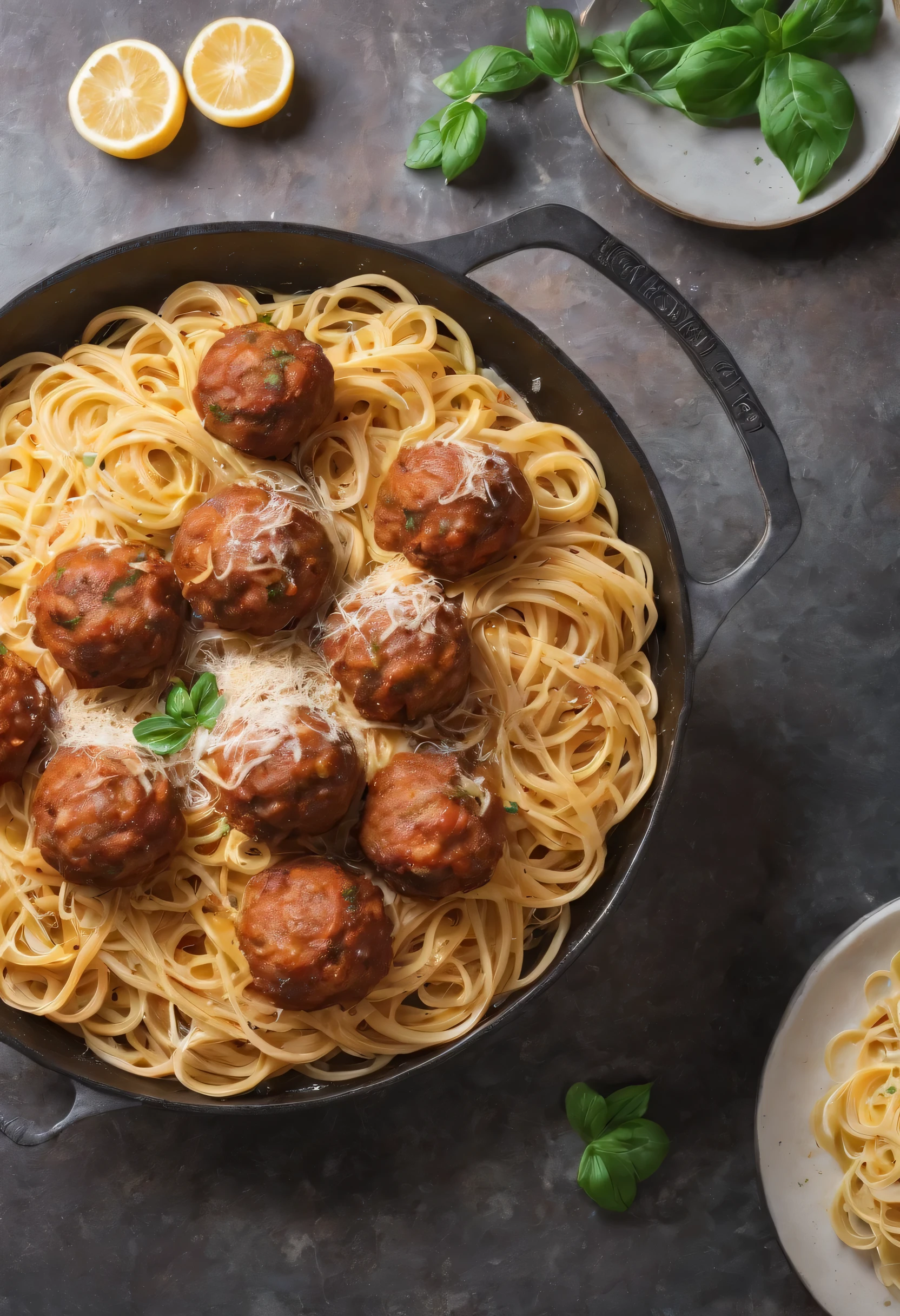 a close up of a pan of pasta with meatballs and parmesan cheese, throwing spaghetti and meatballs, ❤🔥🍄🌪, served with pasta, eats pasta all the time, pasta, inspiration, high quality food photography, recipe, yummy, mouthwatering, 3 4 5 3 1, 40 years old women, february), sunday, close up food photography, highly intricate
