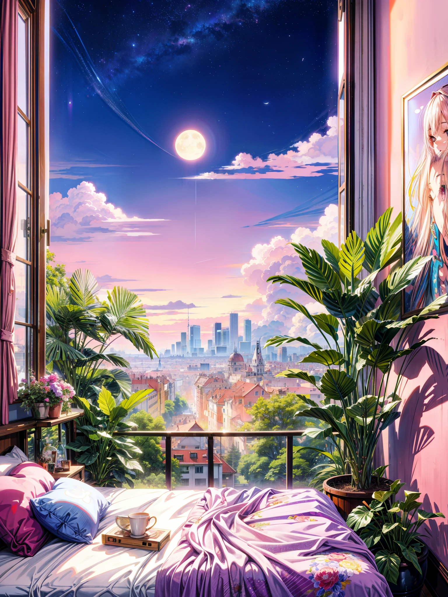 a bedroom with a view of a city at night, personal room background, cgsociety 9, bedroom background, anime asthetic, hd anime cityscape, anime background art, dream atmosphere, anime aesthetic, anime atmospheric, brightly lit purple room, anime vibes, brightly lit pink room, cute room, anime background, dream scenery art, by Edward Okuń, vaporwave jungle ,Beautiful art uhd 4 k, a beautiful artwork illustration, beautiful digital painting, highly detailed digital painting, beautiful digital artwork, detailed painting 4 k, very detailed digital painting, rich picturesque colors, gorgeous digital painting