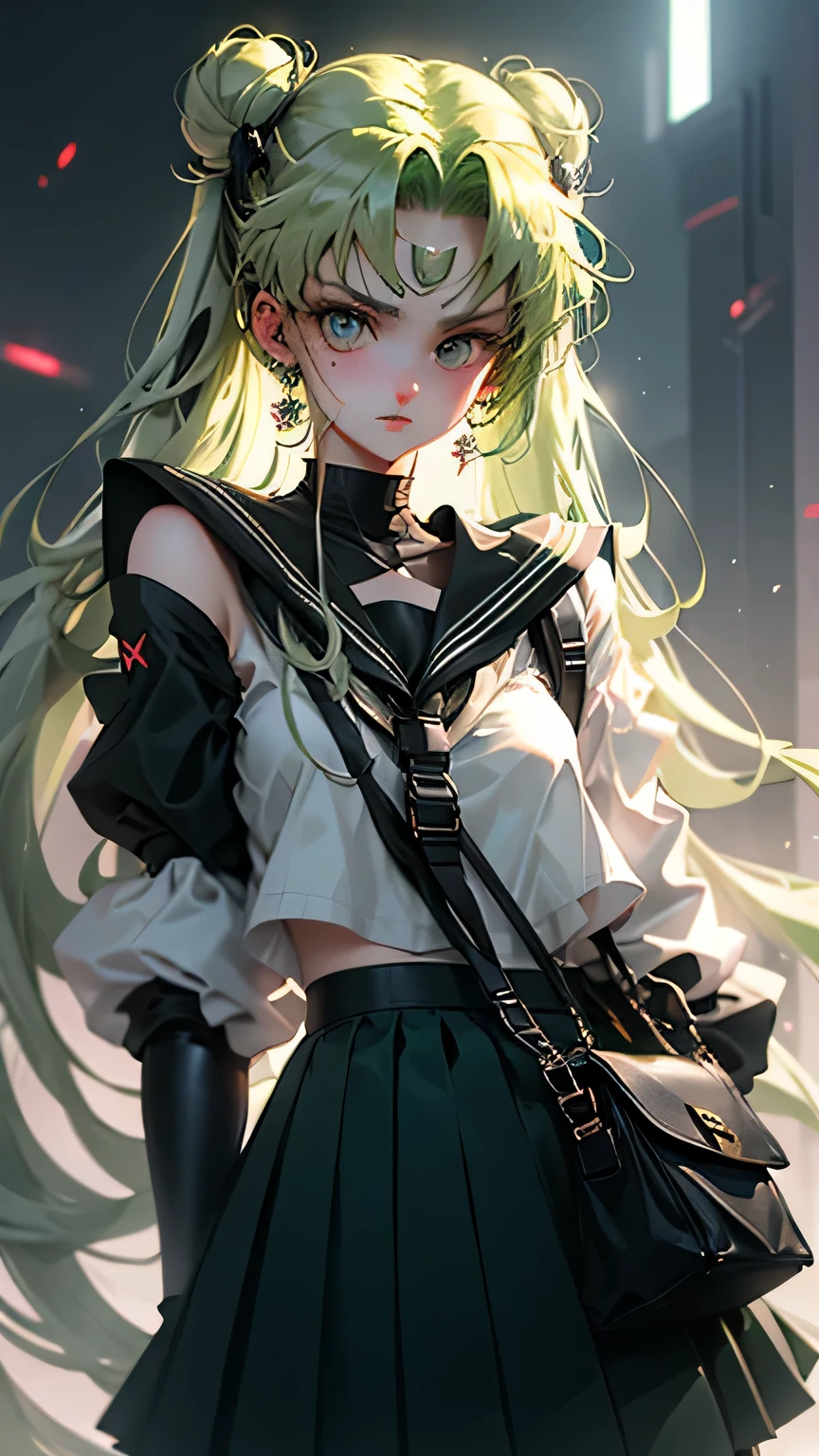 generate software, Futuristic high school girl with long light green hair, She is wearing a black sailor uniform and a shoulder bag..