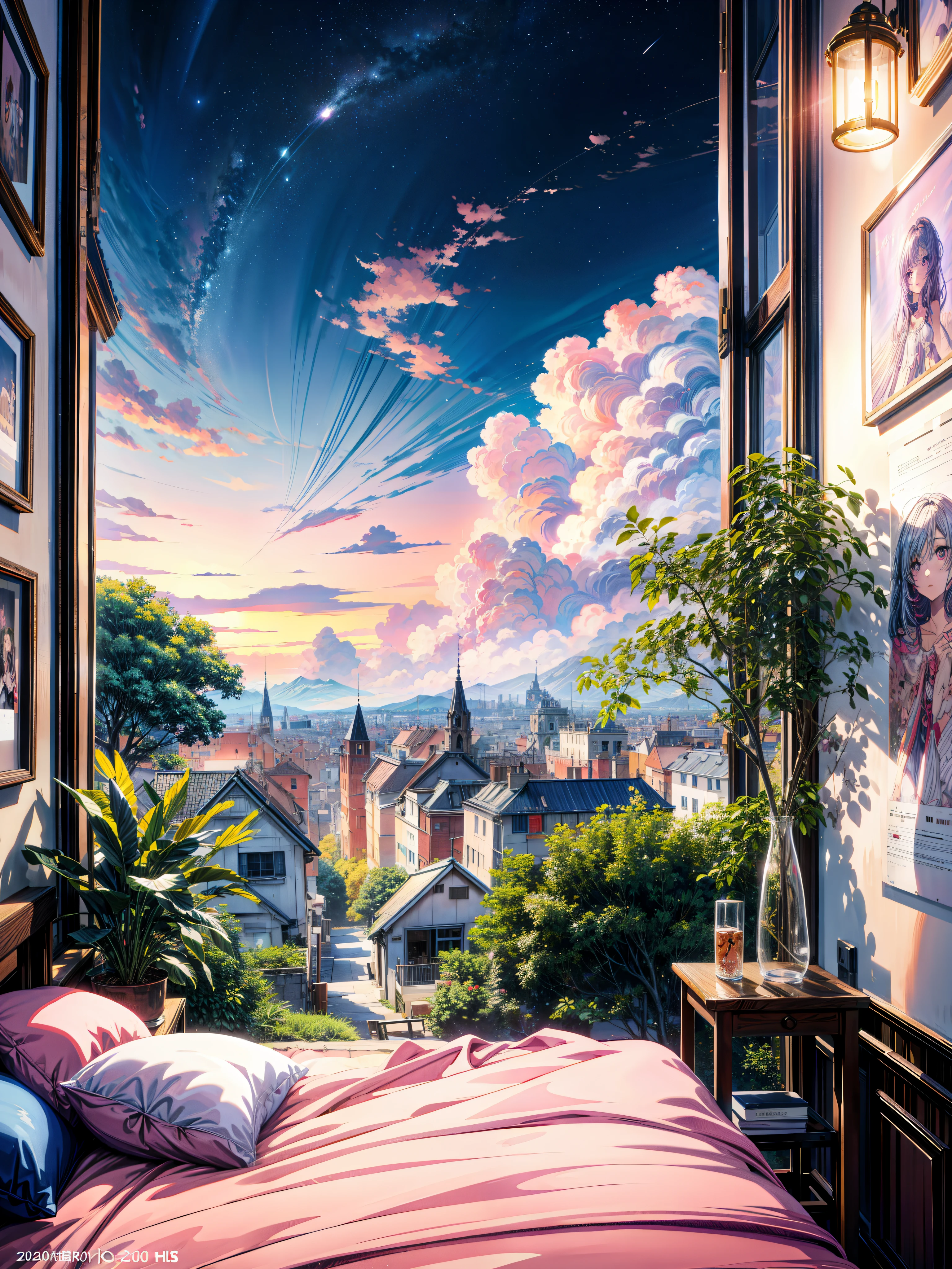 a bedroom with a view of a city at night, personal room background, cgsociety 9, bedroom background, anime asthetic, hd anime cityscape, anime background art, dream atmosphere, anime aesthetic, anime atmospheric, brightly lit purple room, anime vibes, brightly lit pink room, cute room, anime background, dream scenery art, by Edward Okuń, vaporwave jungle ,Beautiful art uhd 4 k, a beautiful artwork illustration, beautiful digital painting, highly detailed digital painting, beautiful digital artwork, detailed painting 4 k, very detailed digital painting, rich picturesque colors, gorgeous digital painting