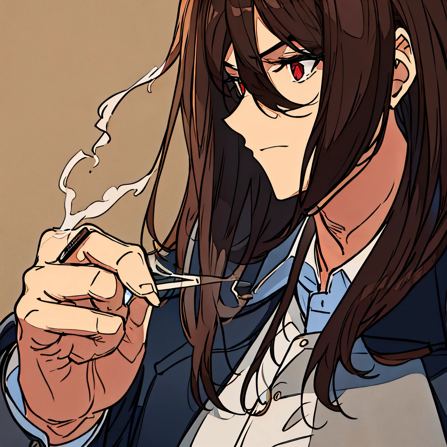 The detective with dark brown hair and dark theme intimidating look, also with Cigarette smoke around him