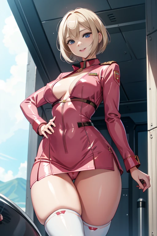((a 25yo girl), Sayla Mass, elegant), bending waist,whole body、see the beholder, young woman,bright smile、shy、blush、expression of ecstasy、erotic、charming、Charm、bob short、bangs、shiny blonde hair、blue eyes、long, well-shaped eyelashes、perfect eyes、Slender eyes、glossy pale pink lips、(Plump slender body of a young woman、plump body:1.3、shiny skin、Beautiful big breasts:1.1、thin waist、Beautiful butt、Thick thighs、beautiful long legs)、perfect arms、perfect hands、perfect fingers、perfect body shape、perfect anatomy、(Army pink uniform dress with short super uper miniskirt You can see the pants in the miniskirt), cameltoe, lilac lace shorts、Bright red long boots), steam、steam、sexy genital pose gesture、cheeky pose、(putting fingertips on lips),(with sparkling eyes and a contagious smile),nsfw, From Above、cowboy shot, no gravity, figure, Bright colors, Practical Light, (background is blurred:0.8)、highest quality, disorganized, good quality、Realistic, ultra high resolution, masterpiece、HDR、UHD、8k